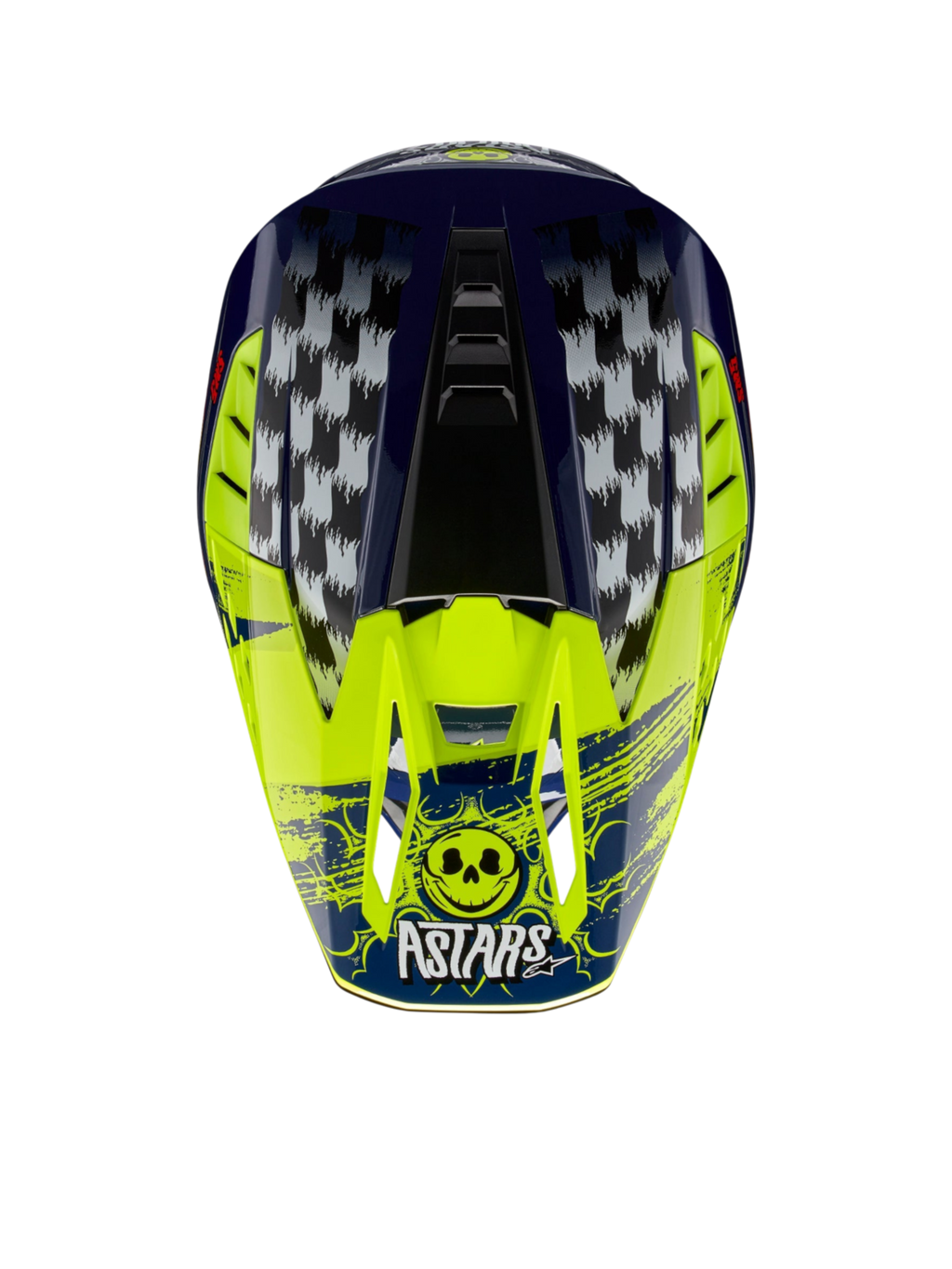 Alpinestars S-M5 Rash ECE 22.06 hjelm, motocrosshjelm i mørkeblå og fluorescerende gul med ternet grafik og Astars kranielogo.