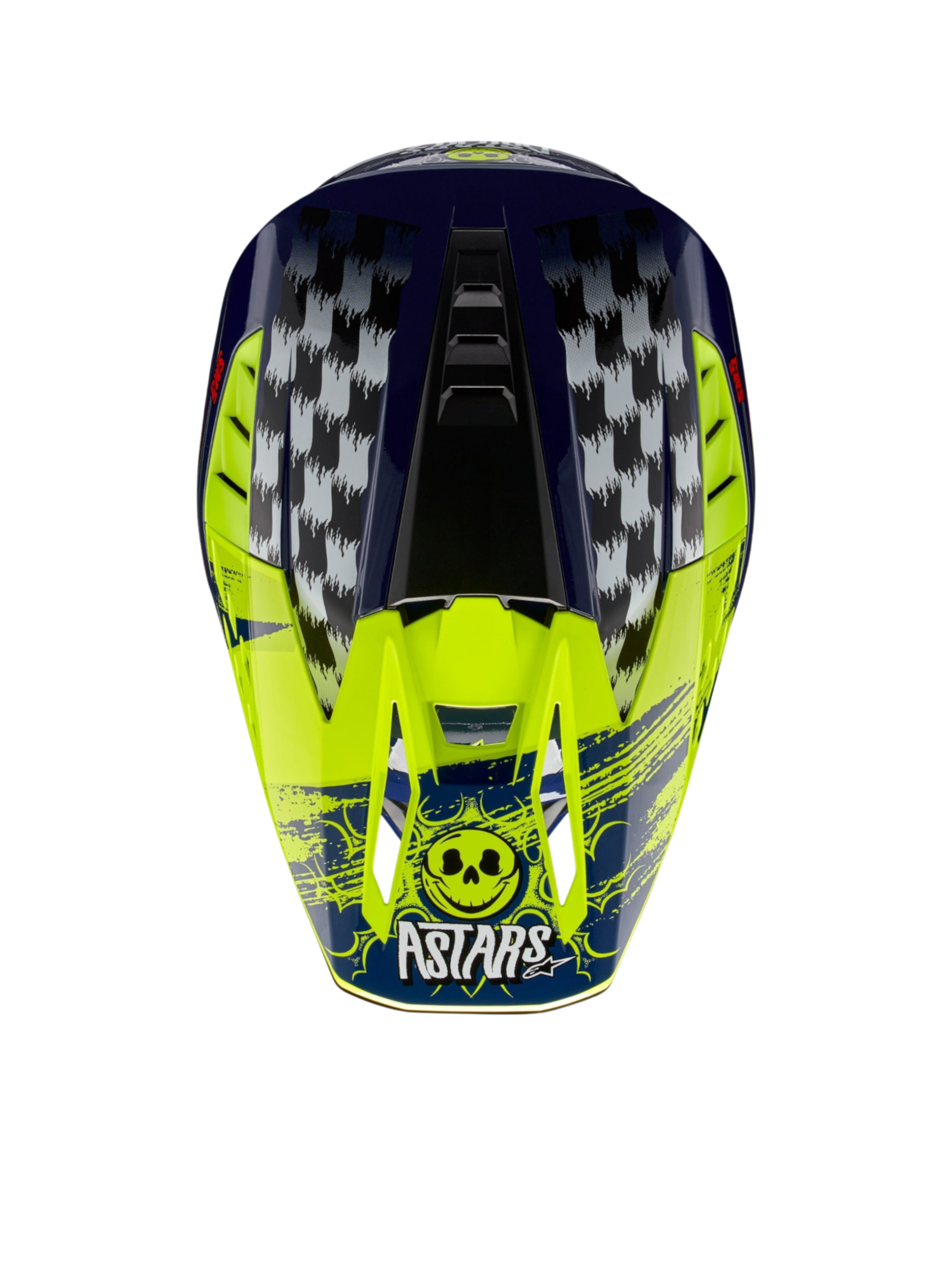 Alpinestars S-M5 Rash ECE 22.06 hjelm, motocrosshjelm i mørkeblå og fluorescerende gul med ternet grafik og Astars kranielogo.