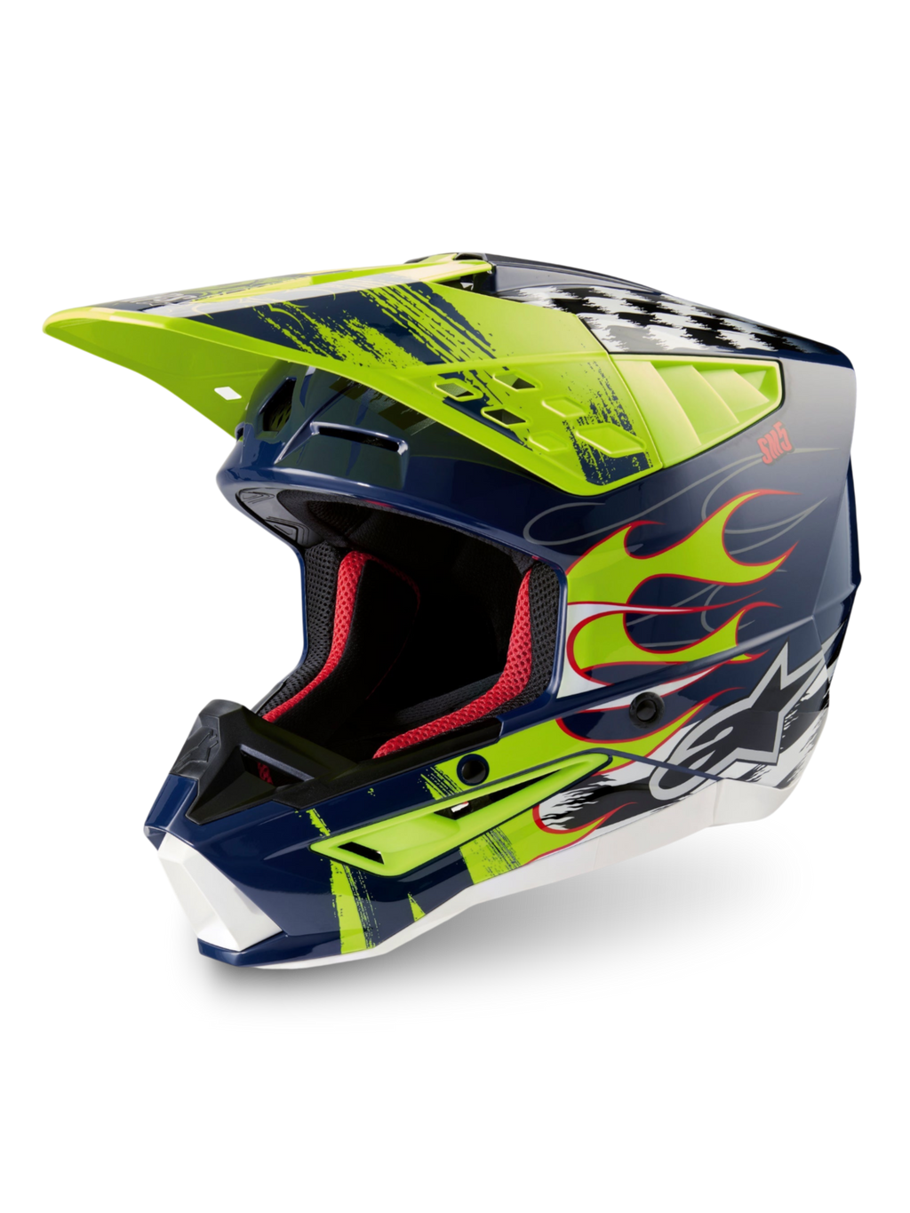 Alpinestars S-M5 Rash ECE 22.06 hjelm, mørkeblå og selvlysende gul blank motocrosshjelm med avanceret beskyttelse.