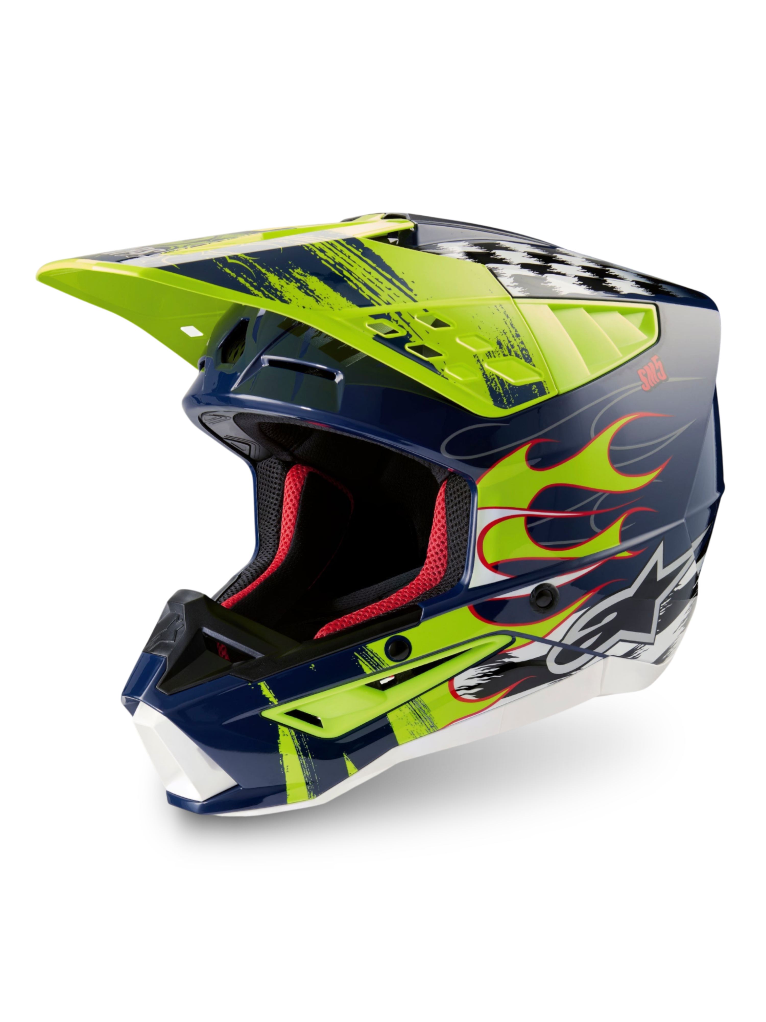 Alpinestars S-M5 Rash ECE 22.06 hjelm, mørkeblå og selvlysende gul blank motocrosshjelm med avanceret beskyttelse.