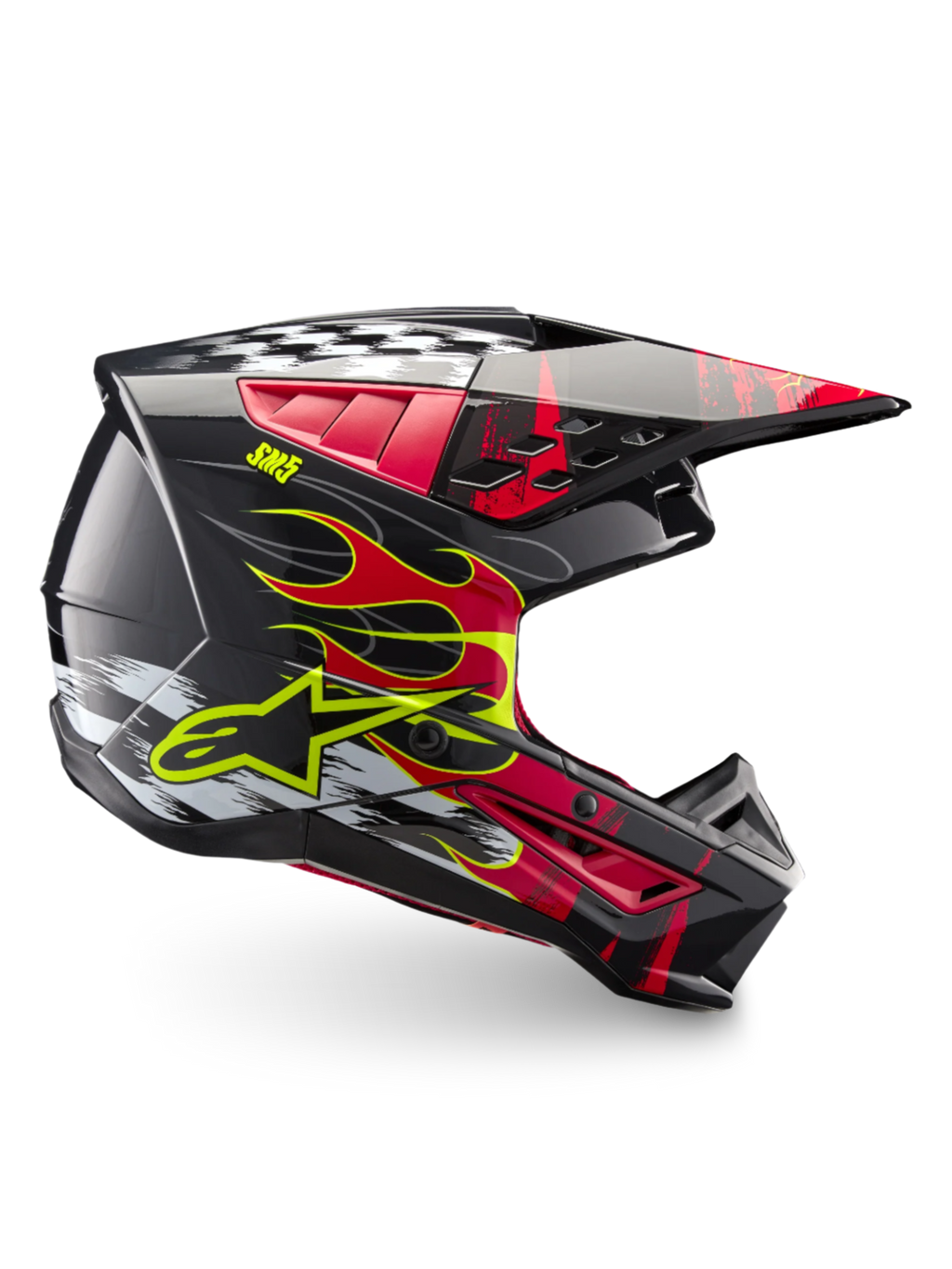 Alpinestars S-M5 Rash Hjelm ECE 22.06, motocrosshjelm til off-road, mørkegrå og rød med gul flammegrafik, letvægts termoindsprøjtet skal