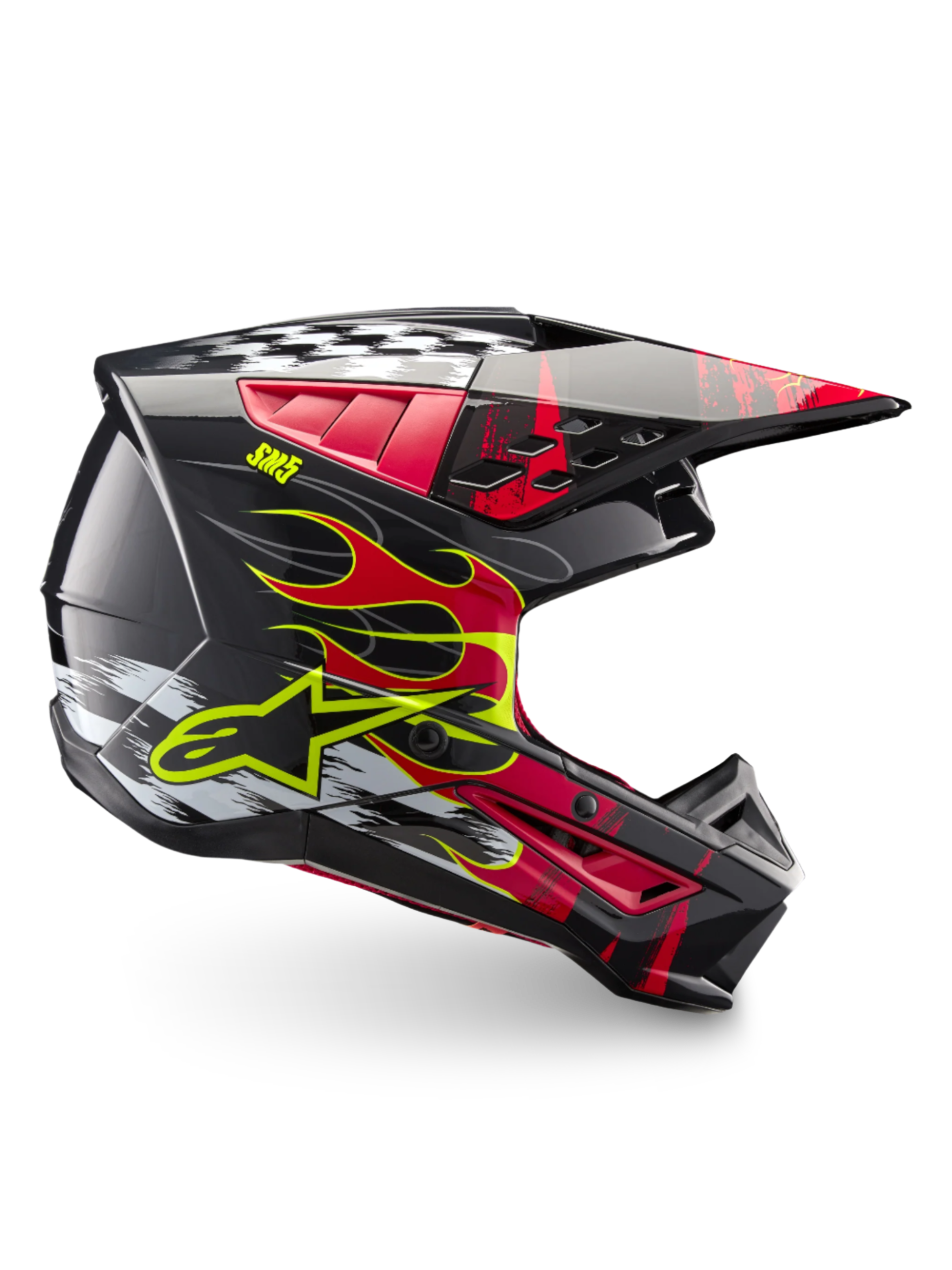 Alpinestars S-M5 Rash Helmet ECE 22.06, Dark Gray and Bright Red Motocross Helmet with flame graphics and lightweight shell.