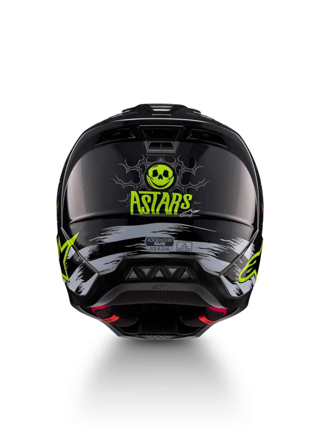 Alpinestars S-M5 Rash hjelm, sort og neongul motocrosshjelm med kraniegrafik, set bagfra, ECE 22.06-certificeret.