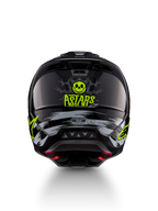 Alpinestars S-M5 Rash hjelm, sort og neongul motocrosshjelm med kraniegrafik, set bagfra, ECE 22.06-certificeret.