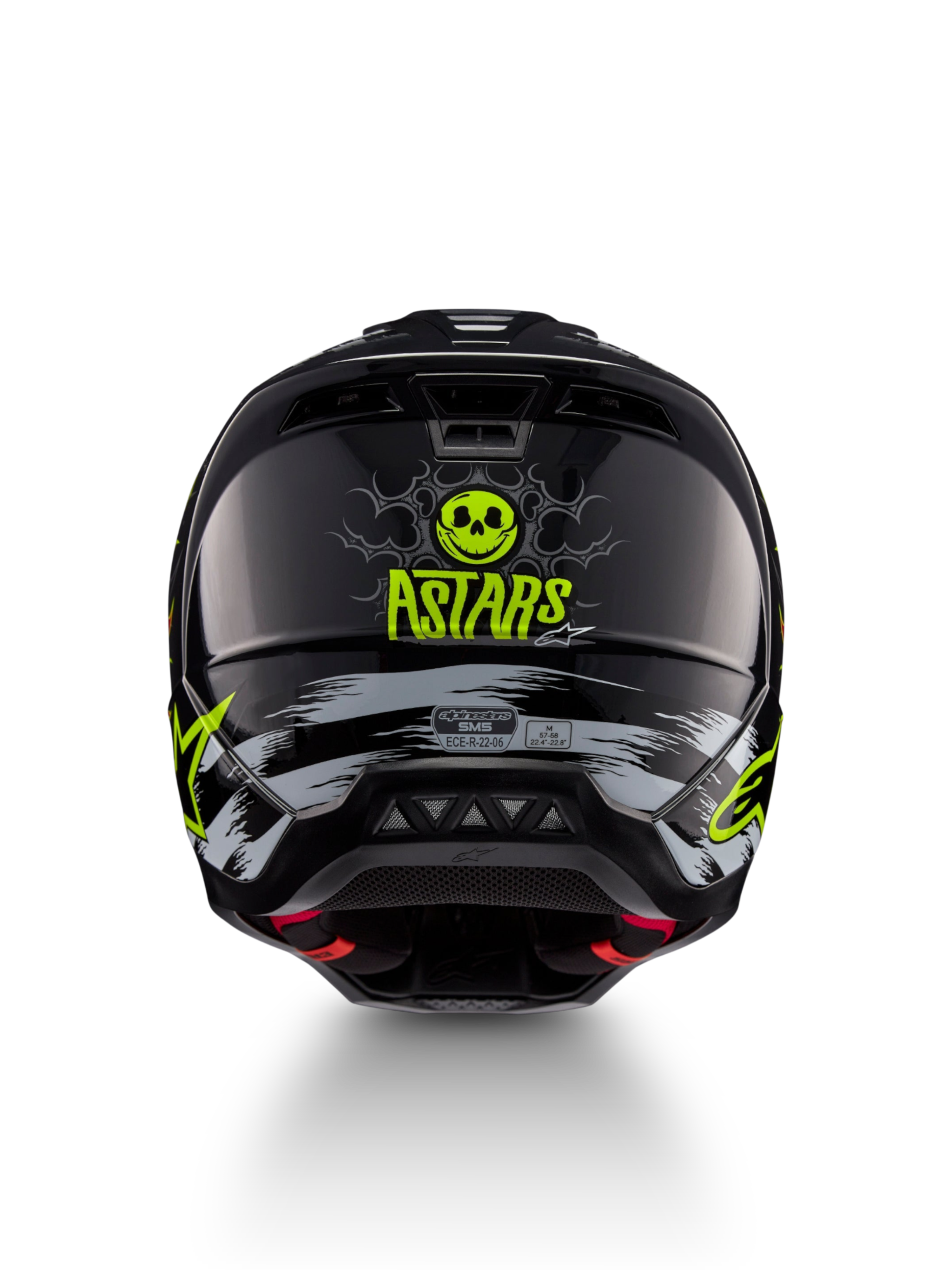 Alpinestars S-M5 Rash hjelm, sort og neongul motocrosshjelm med kraniegrafik, set bagfra, ECE 22.06-certificeret.