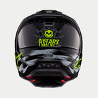 Alpinestars S-M5 Rash Helmet ECE, Motocross Helmet, Rear view, Glossy Dark Gray with bright yellow-green skull and ASTARS logo, gray brushstroke graphics, red interior padding, ECE 22.06 certified