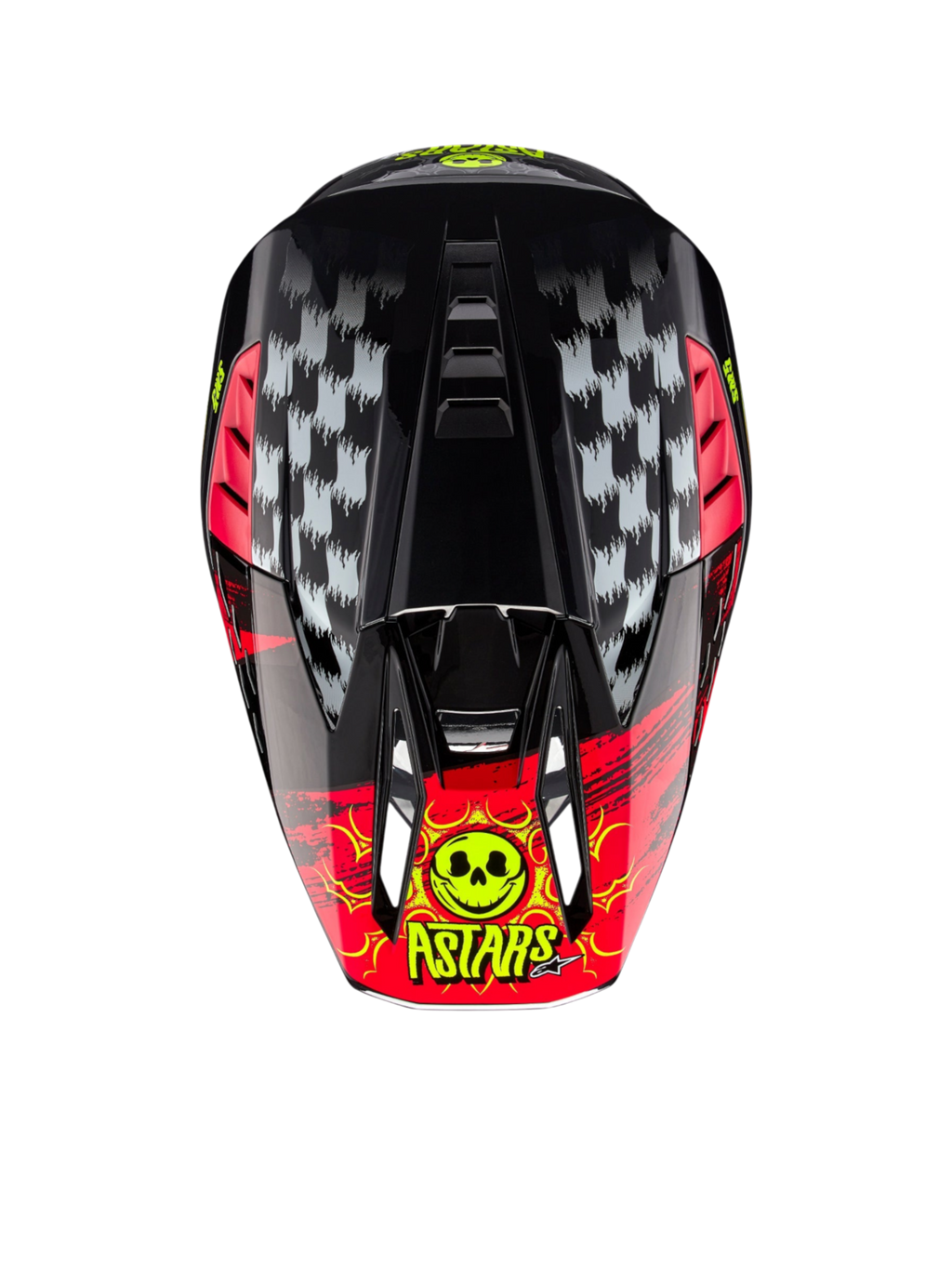 Alpinestars S-M5 Rash motocrosshjelm, mørkegrå og lys rød, set oppefra med kraniegrafik, ECE 22.06-certificeret