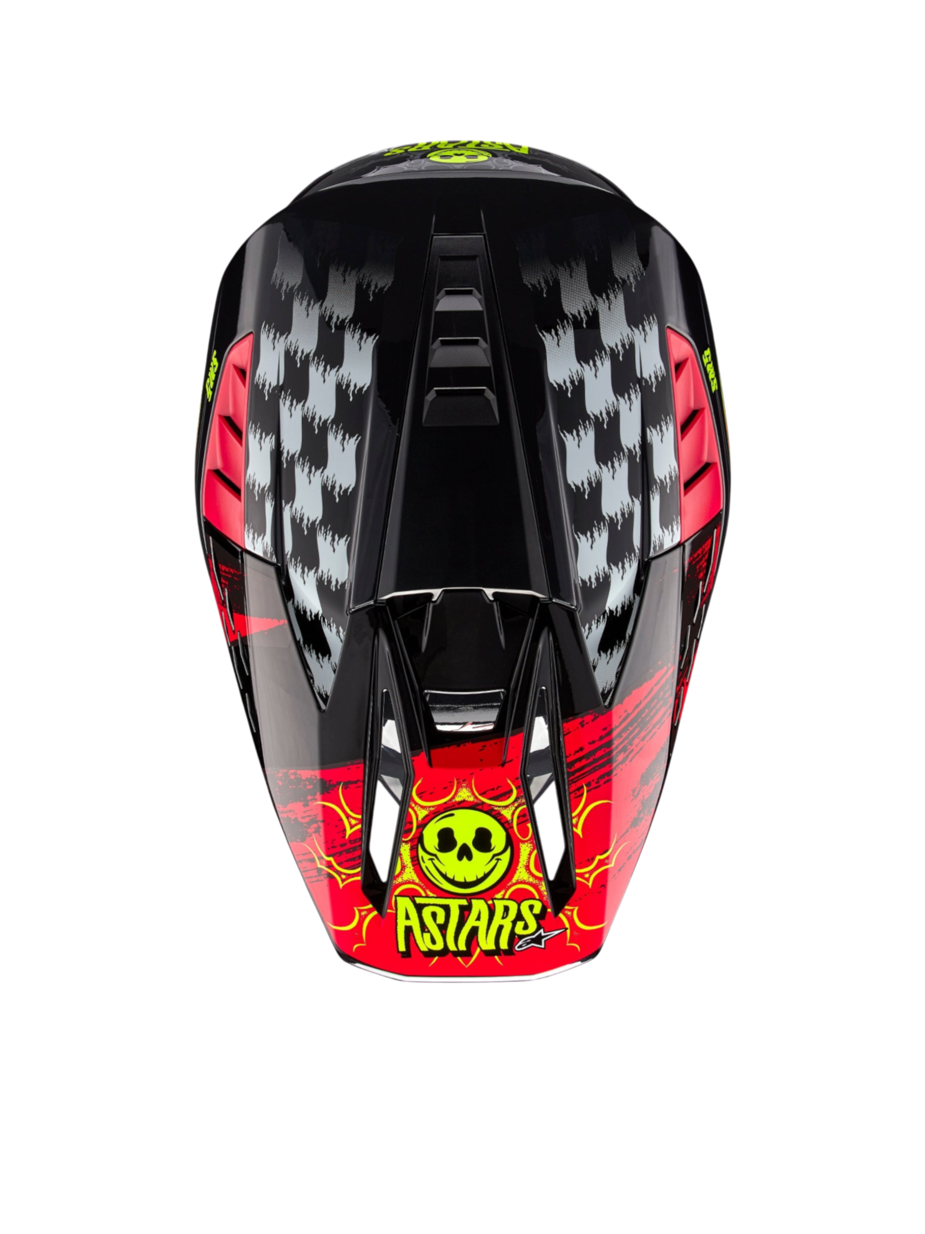 Alpinestars S-M5 Rash motocrosshjelm, mørkegrå og lys rød, set oppefra med kraniegrafik, ECE 22.06-certificeret