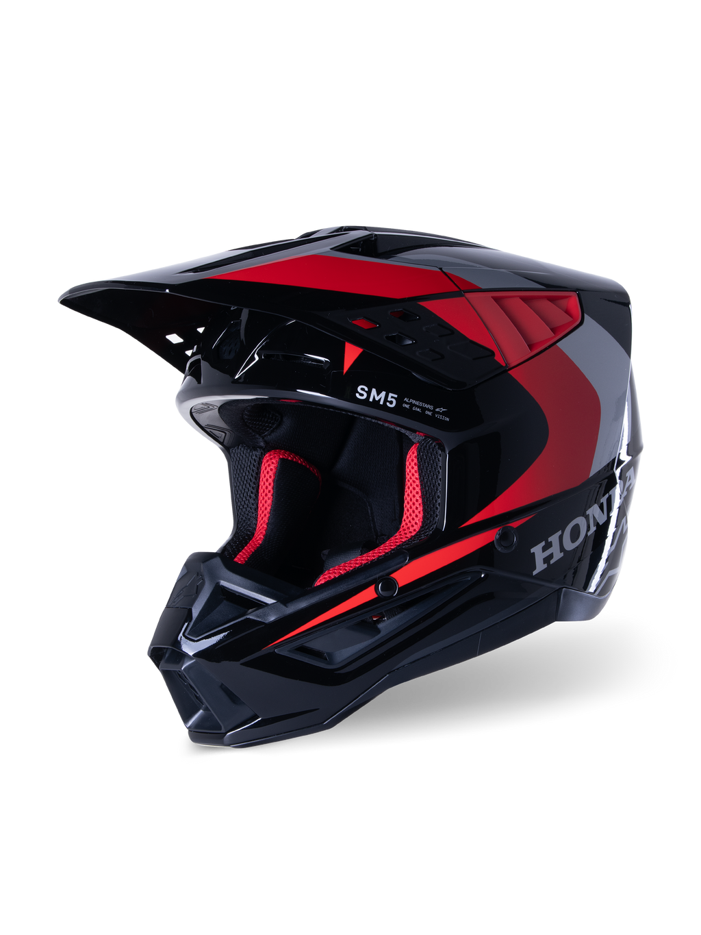 Alpinestars Honda S-M5 hjelm, motocross-hjelm, blank sort og rød, med sølvfarvet Honda-grafik og SM5-logo, aerodynamisk profil med store luftindtag og en justerbar skygge, designet til off-road racing