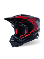 Alpinestars Honda S-M5 hjelm, motocross-hjelm, blank sort og rød, med sølvfarvet Honda-grafik og SM5-logo, aerodynamisk profil med store luftindtag og en justerbar skygge, designet til off-road racing