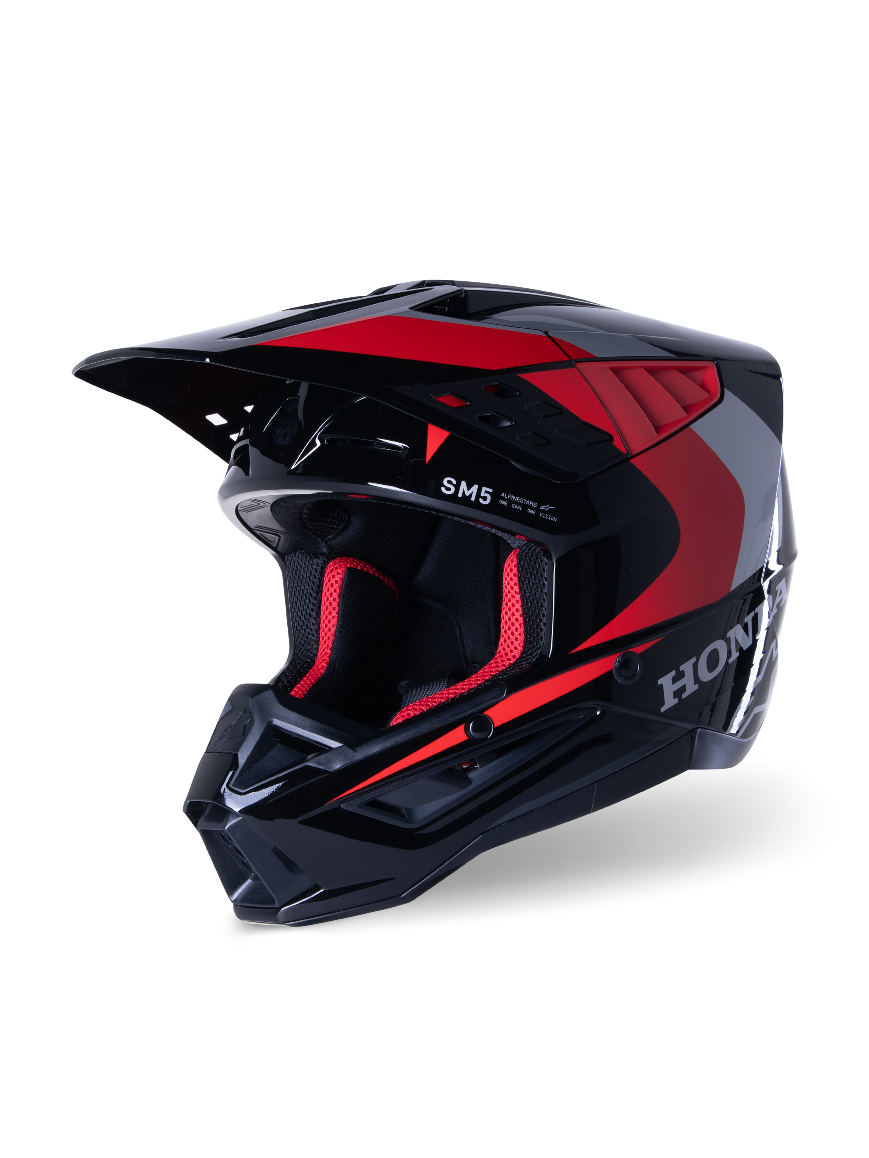 Alpinestars Honda S-M5 hjelm, motocross-hjelm, blank sort og rød, med sølvfarvet Honda-grafik og SM5-logo, aerodynamisk profil med store luftindtag og en justerbar skygge, designet til off-road racing