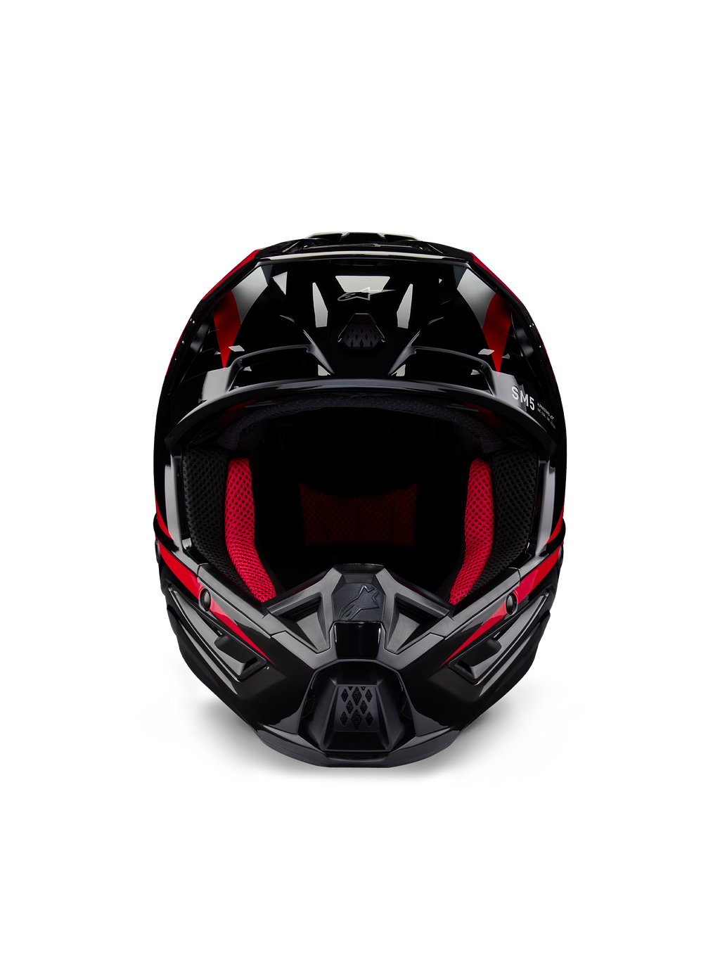 Alpinestars Honda S-M5 hjelm ECE, motocross-hjelm, blank sort og rød, set forfra med en blank sort finish og rød grafik, rød indvendig polstring, kantet design med flere luftindtag, højtydende beskyttelse til motocross