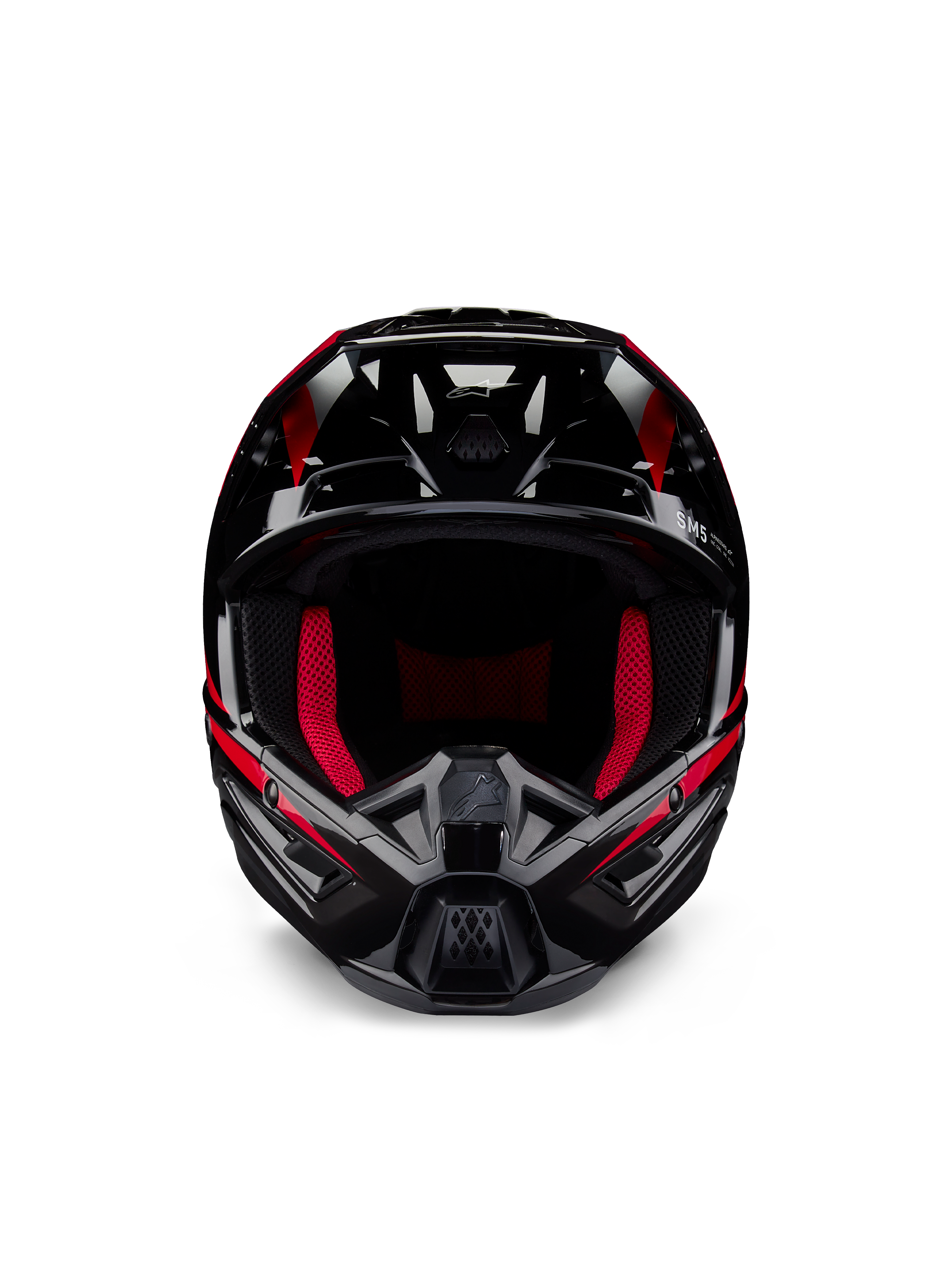 Alpinestars Honda S-M5 hjelm ECE, motocross-hjelm, blank sort og rød, set forfra med en blank sort finish og rød grafik, rød indvendig polstring, kantet design med flere luftindtag, højtydende beskyttelse til motocross