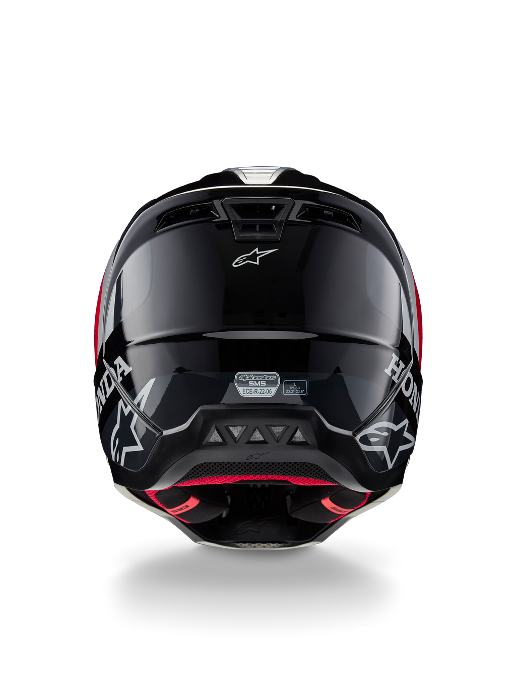 Alpinestars Honda S-M5 ECE hjelm, motocross-hjelm, sort og rød blank, set bagfra med blank sort skal, hvide Honda- og Alpinestars-logoer, rødt indvendigt for og ECE-sikkerhedscertificeringsmærke