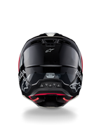 Alpinestars Honda S-M5 ECE hjelm, motocross-hjelm, sort og rød blank, set bagfra med blank sort skal, hvide Honda- og Alpinestars-logoer, rødt indvendigt for og ECE-sikkerhedscertificeringsmærke