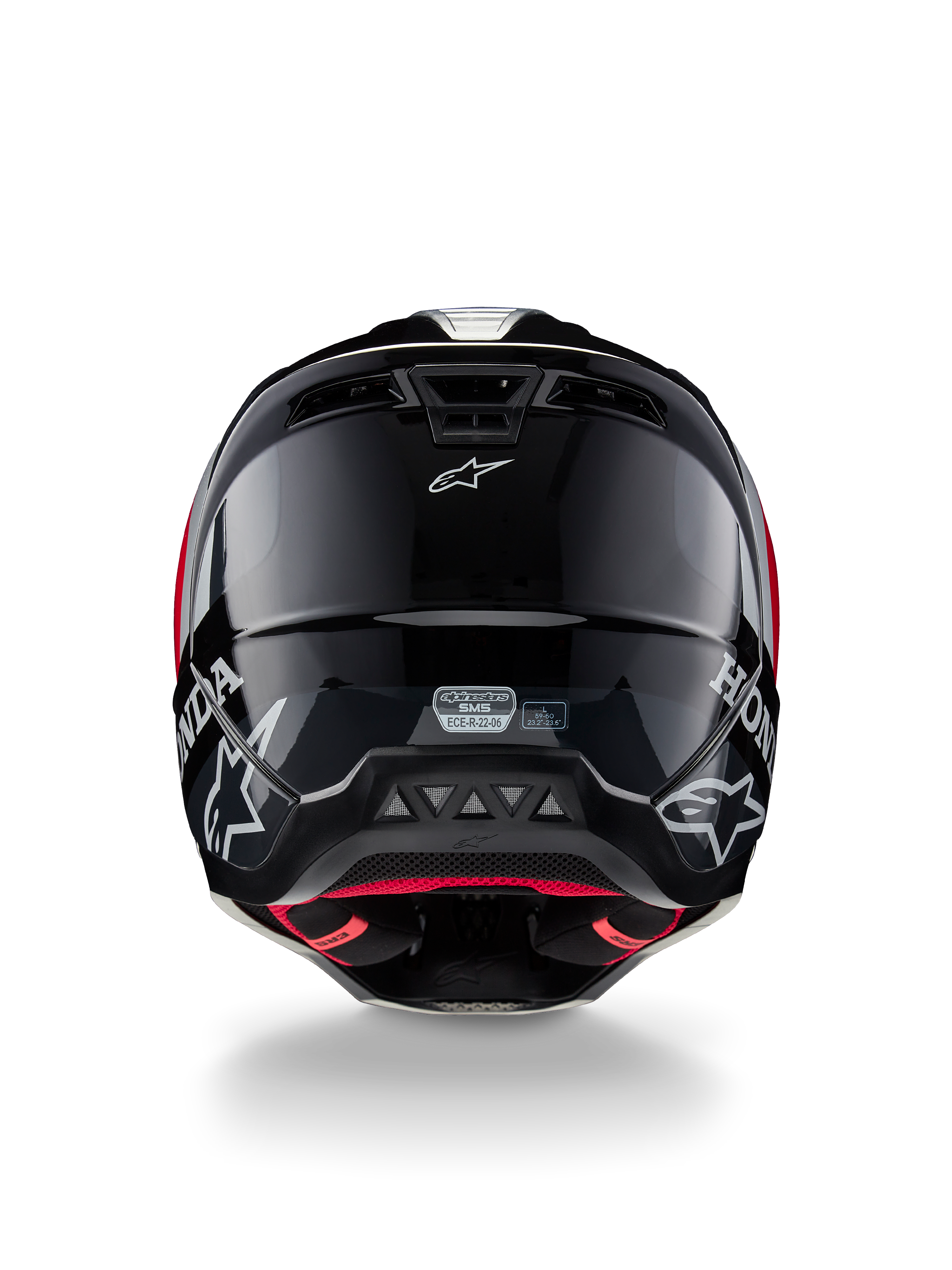 Alpinestars Honda S-M5 ECE hjelm, motocross-hjelm, sort og rød blank, set bagfra med blank sort skal, hvide Honda- og Alpinestars-logoer, rødt indvendigt for og ECE-sikkerhedscertificeringsmærke
