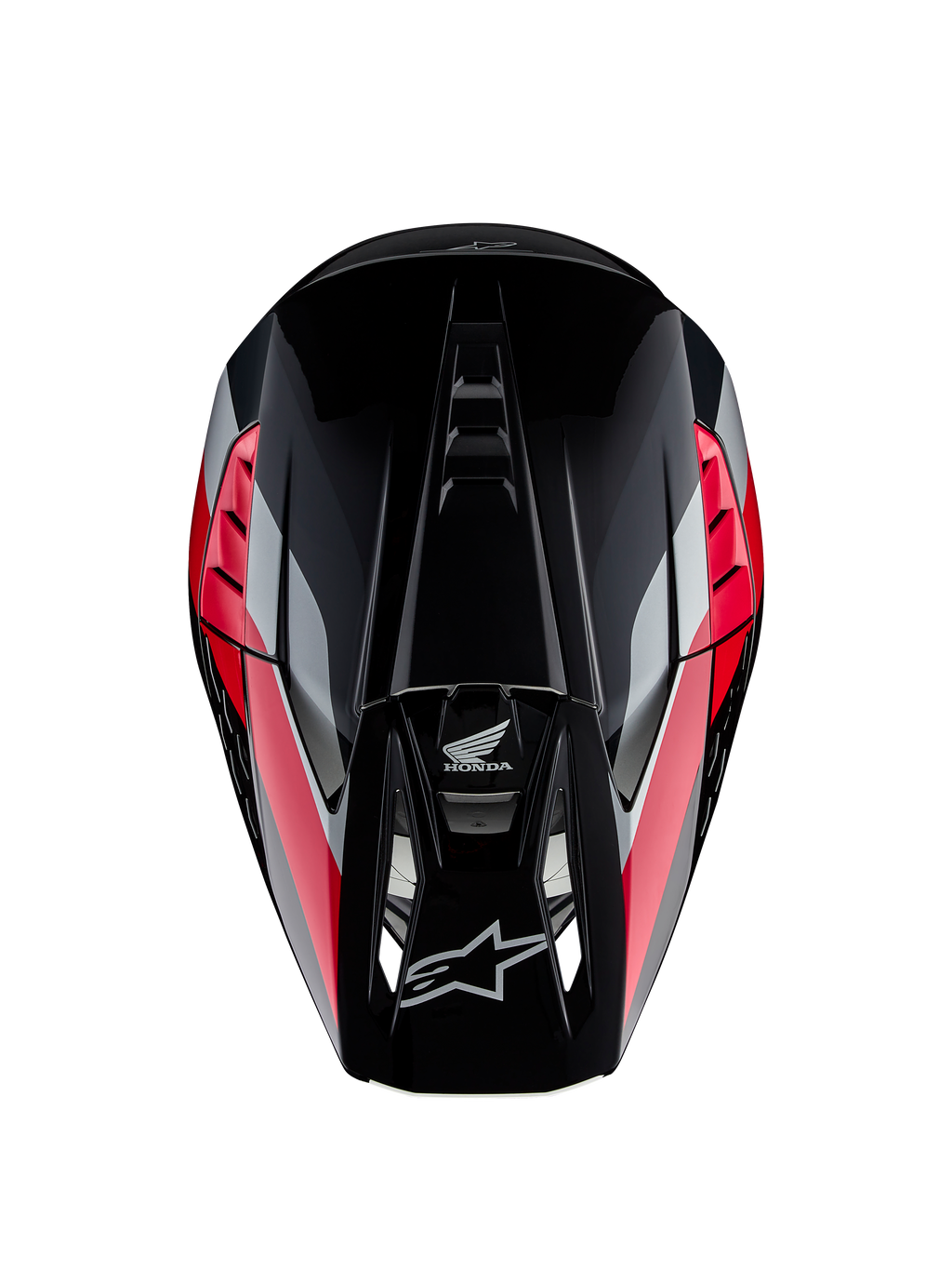 Honda S-M5 hjelm ECE, motocross-hjelm, blank sort og rød med røde og sølvfarvede grafikstriber, set oppefra, viser aerodynamisk skal og ventileret skygge, Alpinestars- og Honda-logoer, højtydende off-road udstyr