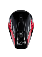 Honda S-M5 hjelm ECE, motocross-hjelm, blank sort og rød med røde og sølvfarvede grafikstriber, set oppefra, viser aerodynamisk skal og ventileret skygge, Alpinestars- og Honda-logoer, højtydende off-road udstyr