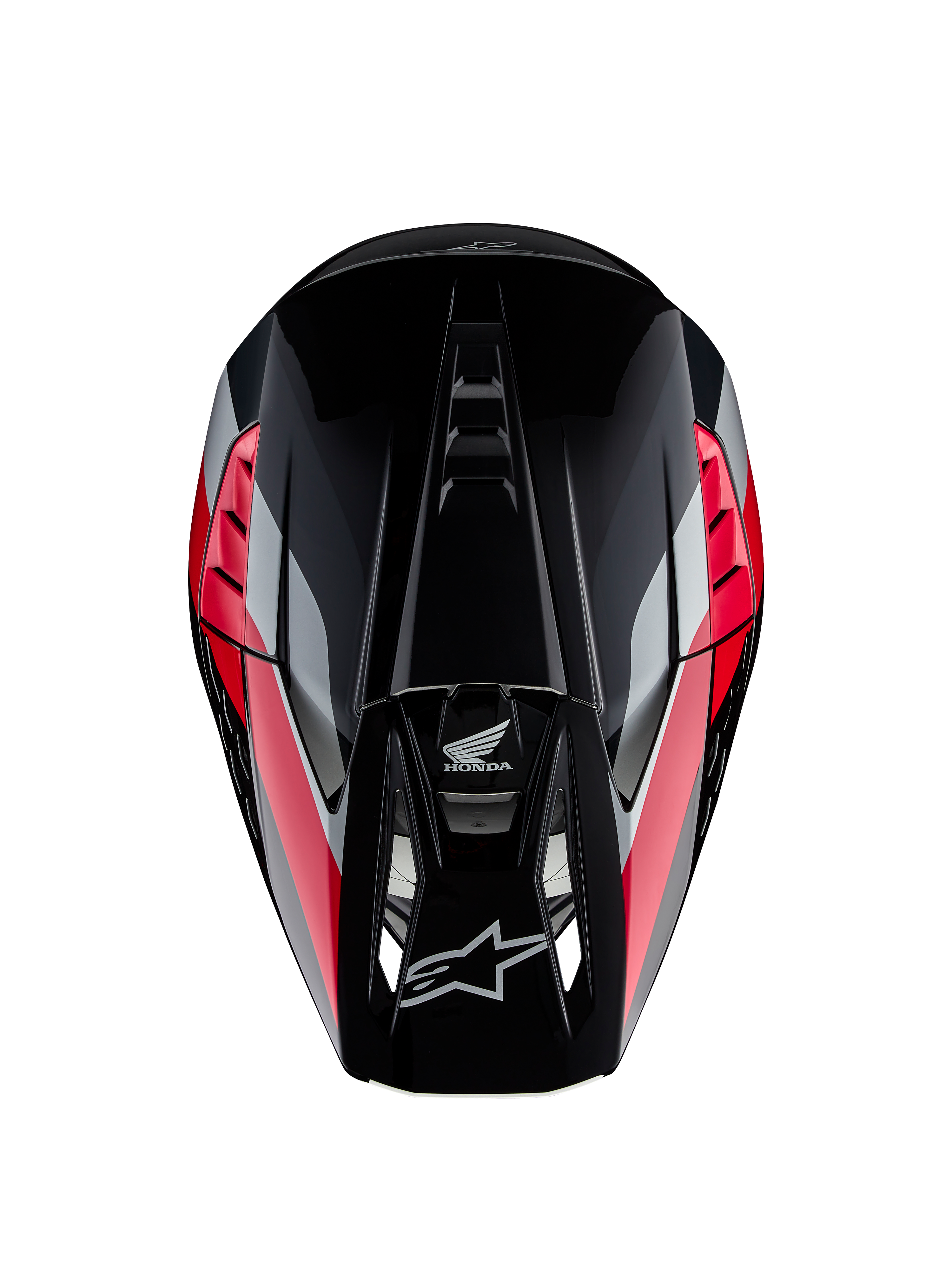 Honda S-M5 hjelm ECE, motocross-hjelm, blank sort og rød med røde og sølvfarvede grafikstriber, set oppefra, viser aerodynamisk skal og ventileret skygge, Alpinestars- og Honda-logoer, højtydende off-road udstyr