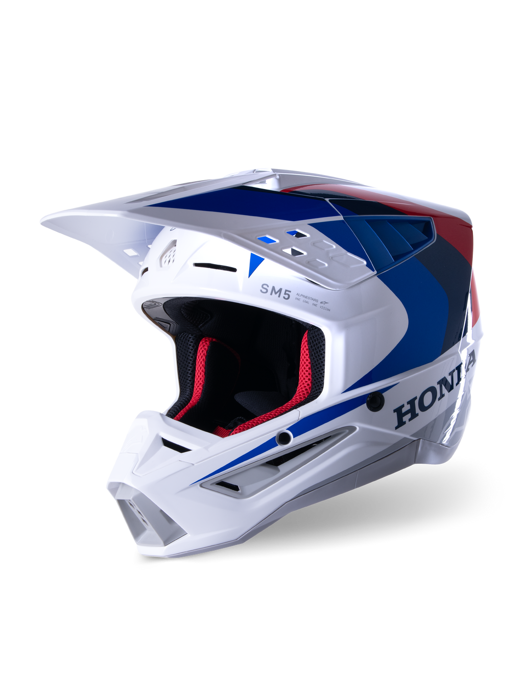 Alpinestars Honda S-M5 ECE hjelm, motocross-hjelm, hvid, blå og rød blank, markant Honda-branding på siden, rød mesh-indvendig polstring, aerodynamisk visir med integrerede ventilationsåbninger, strømlinet grafisk design til off-road racing