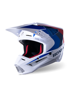 Alpinestars Honda S-M5 ECE hjelm, motocross-hjelm, hvid, blå og rød blank, markant Honda-branding på siden, rød mesh-indvendig polstring, aerodynamisk visir med integrerede ventilationsåbninger, strømlinet grafisk design til off-road racing