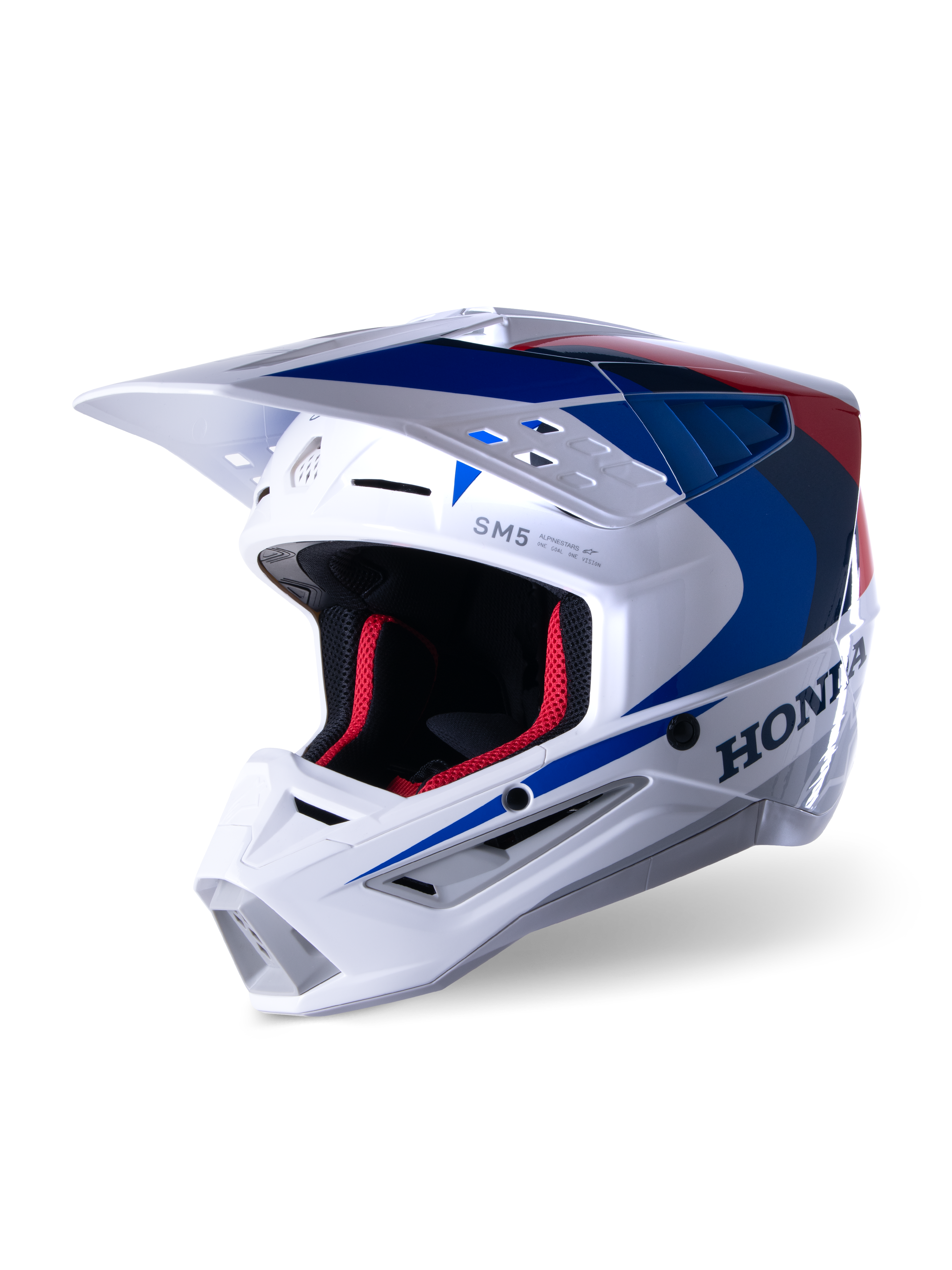 Alpinestars Honda S-M5 ECE hjelm, motocross-hjelm, hvid, blå og rød blank, markant Honda-branding på siden, rød mesh-indvendig polstring, aerodynamisk visir med integrerede ventilationsåbninger, strømlinet grafisk design til off-road racing