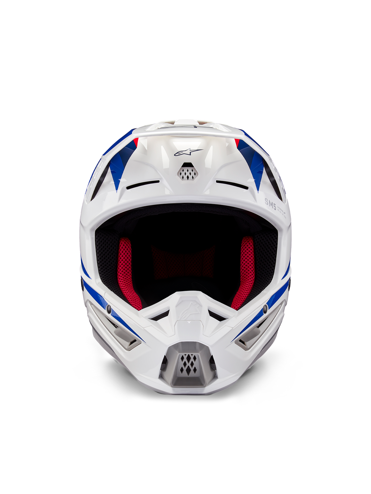 Alpinestars Honda S-M5 hjelm ECE, motocross-hjelm, hvid, blå og rød blank, set forfra med ventilationsporte og rød indvendig polstring, aerodynamisk design til beskyttelse ved terrænkørsel
