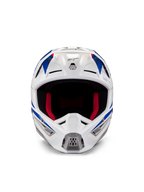 Alpinestars Honda S-M5 hjelm ECE, motocross-hjelm, hvid, blå og rød blank, set forfra med ventilationsporte og rød indvendig polstring, aerodynamisk design til beskyttelse ved terrænkørsel