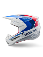 Alpinestars Honda S-M5 hjelm ECE, hvid blå rød blank, set fra siden, med tydelig Honda-branding og Alpinestars stjernelogo, aerodynamisk motocross-design med flere ventilationsåbninger og en markant skygge, blank finish