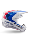 Alpinestars Honda S-M5 hjelm ECE, motocross-hjelm, hvid, blå og rød, sideprofil, aerodynamisk design med integreret visir, flere ventilationsåbninger, blank finish, tydelig Honda-branding og Alpinestars-logo