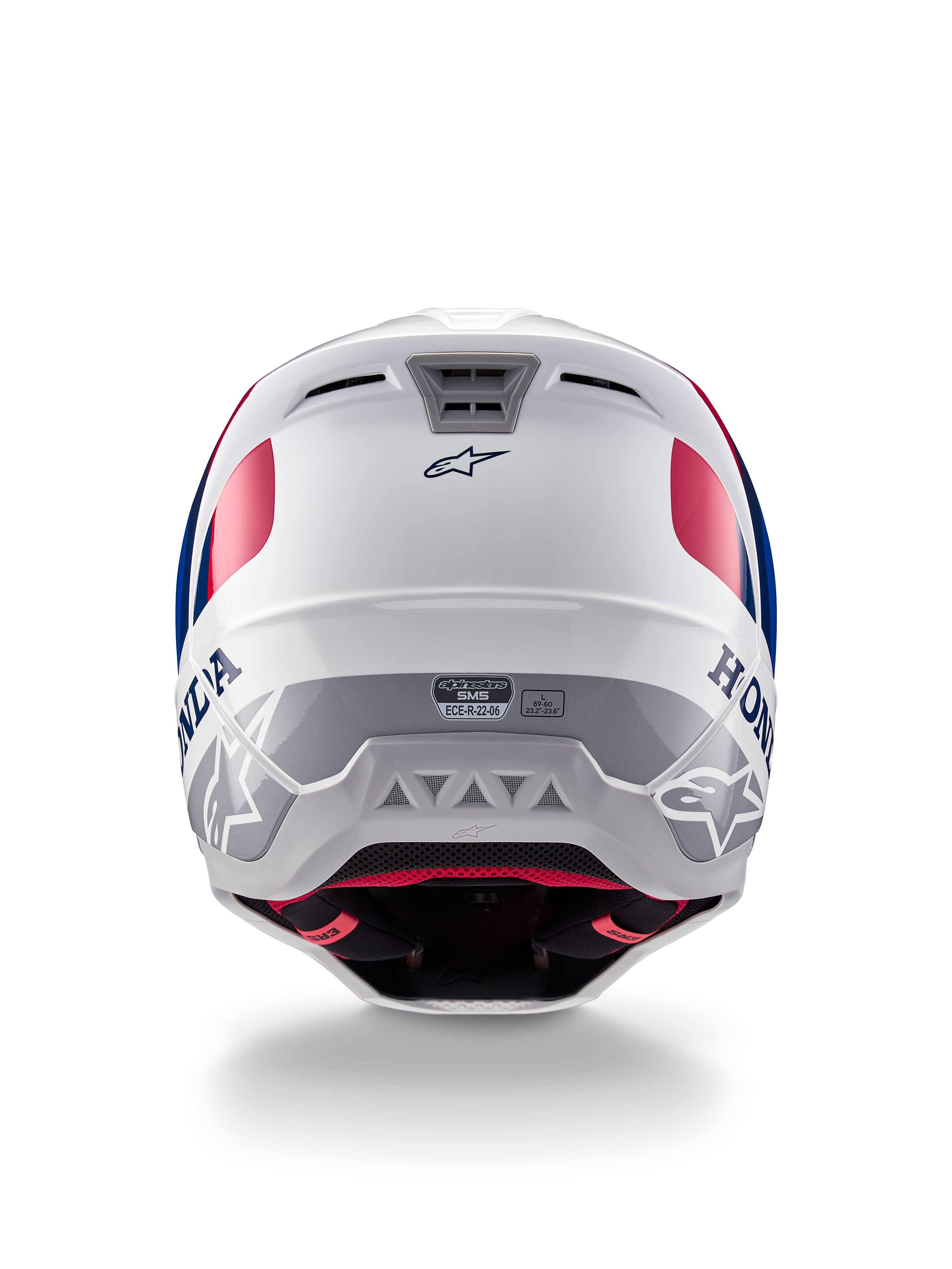 Alpinestars Honda S-M5 hjelm ECE, motocrosshjelm, blank hvid, blå og rød, set bagfra med Honda- og Alpinestars-branding, strømlinet skal med integrerede udstødningsporte og ECE-certificeringsmærkat.