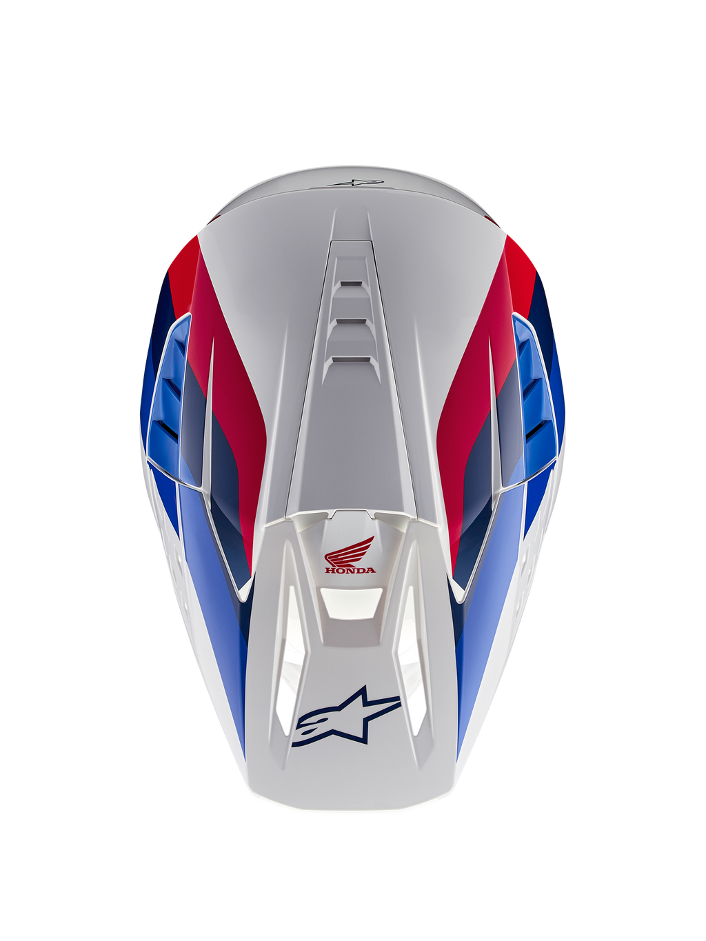 Alpinestars Honda S-M5 ECE hjelm, motocross-hjelm, hvid, blå og rød blank, set oppefra med fokus på ventilationskanaler, rød og blå grafik med Honda- og Alpinestars-logoer