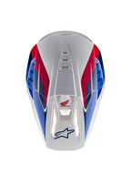 Alpinestars Honda S-M5 ECE hjelm, motocross-hjelm, hvid, blå og rød blank, set oppefra med fokus på ventilationskanaler, rød og blå grafik med Honda- og Alpinestars-logoer