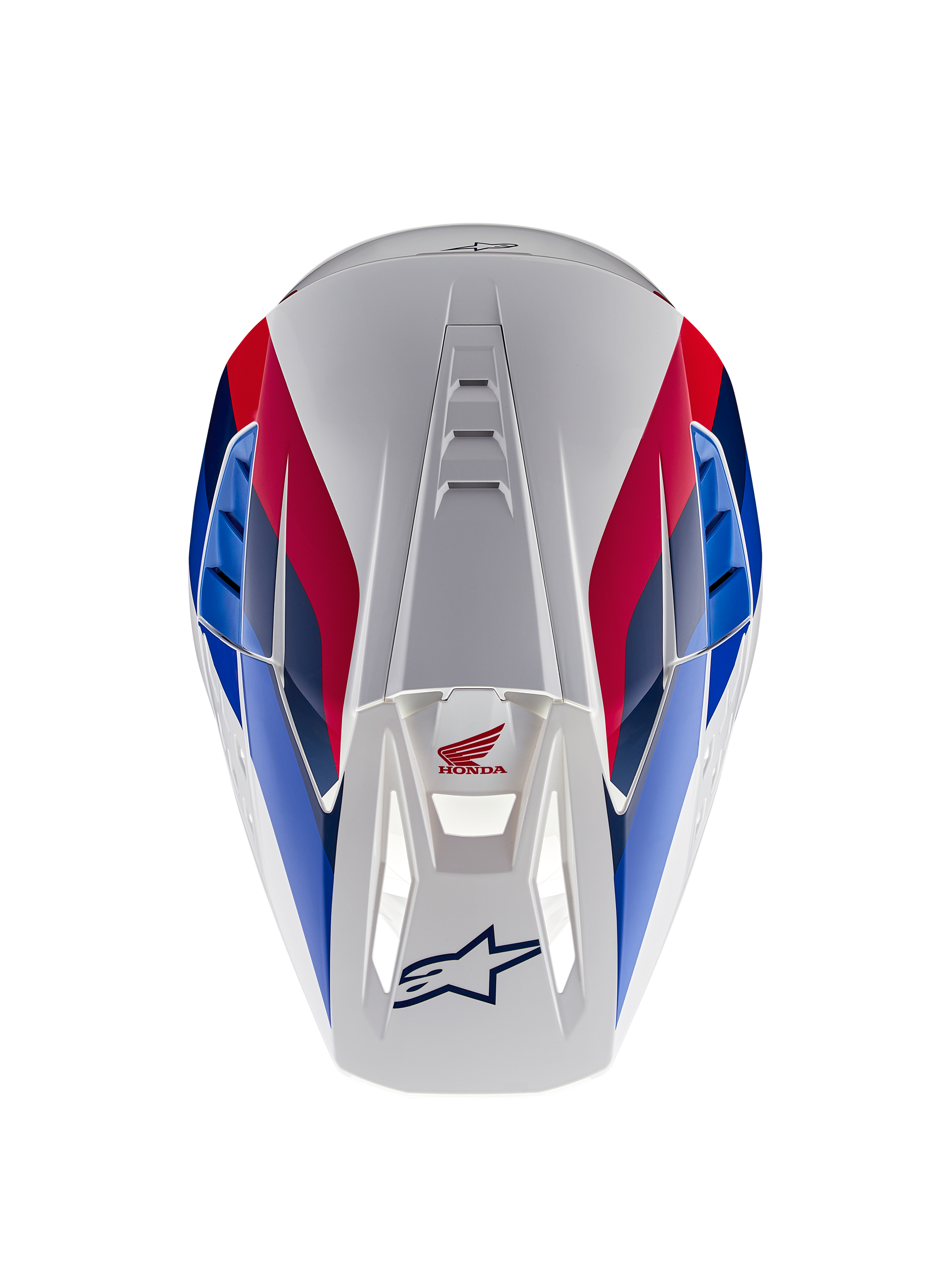 Alpinestars Honda S-M5 ECE hjelm, motocross-hjelm, hvid, blå og rød blank, set oppefra med fokus på ventilationskanaler, rød og blå grafik med Honda- og Alpinestars-logoer