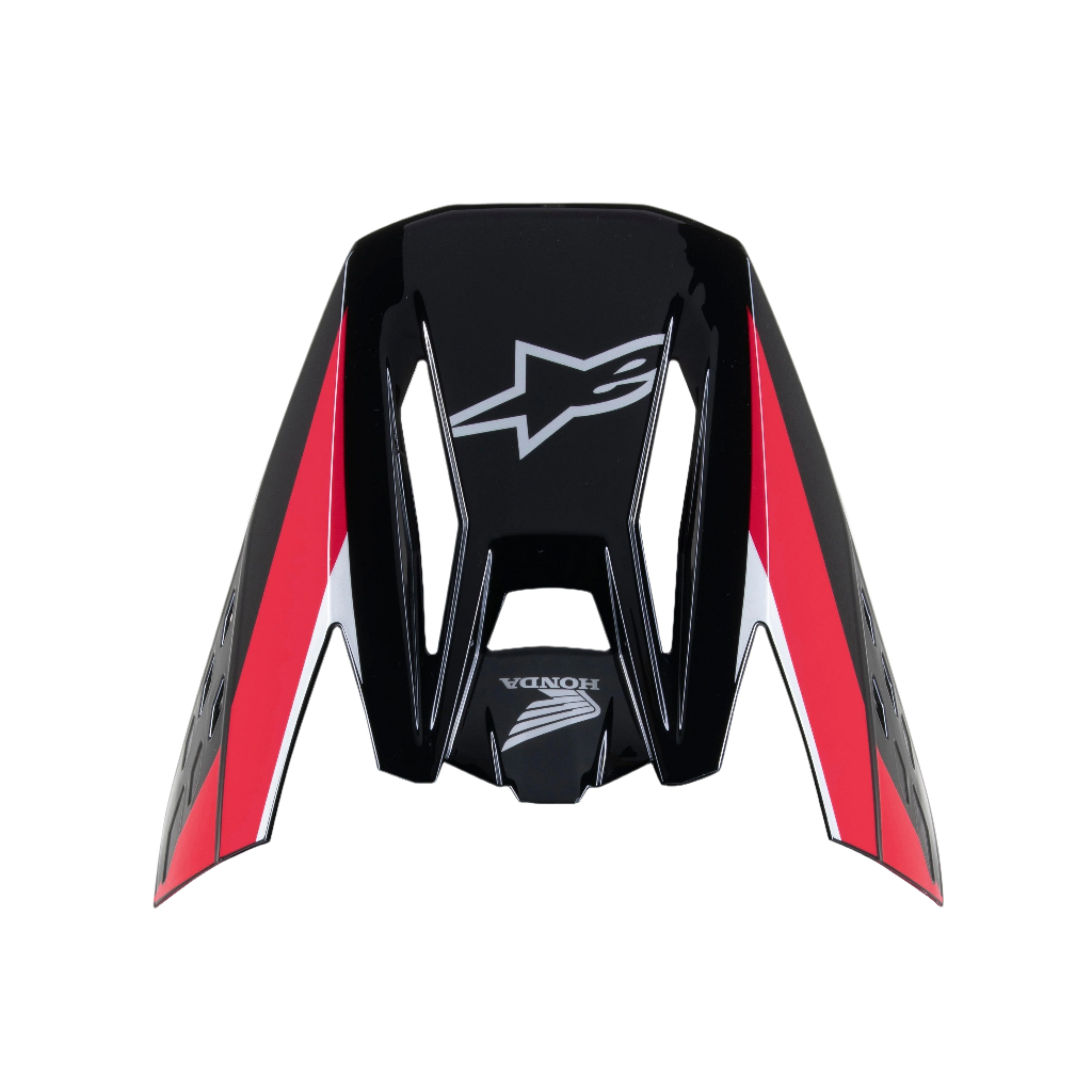 Alpinestars Honda S-M5 visir, Sort Rød Blank, erstatningsskygge til motocrosshjelm, med hvide Alpinestars- og Honda-logoer, røde og hvide grafiske striber, blank finish til off-road kørsel
