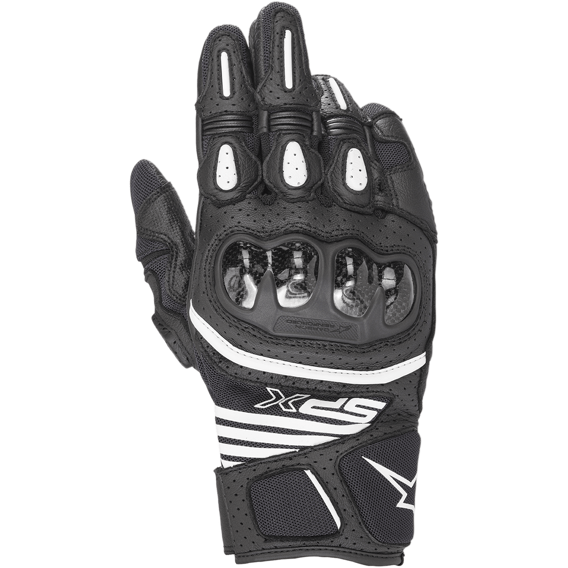 Alpinestars SPX AC V2 handsker, kortskaftede motorcykelhandsker, sort og hvid, blank kulfiber-knobeskyttelse, perforeret læder og mesh til ventilation, hvide TPR-fingerindsatser, sporty SPX-branding