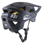 Alpinestars Vector Tech A1 MTB Helmet, Mountain Bike Helmet, Black Matt with light gray accents, side-rear profile showing ventilation openings, white Alpinestars star logo, ASTARS branding, and visible yellow MIPS liner, featuring an adjustable black chin strap.
