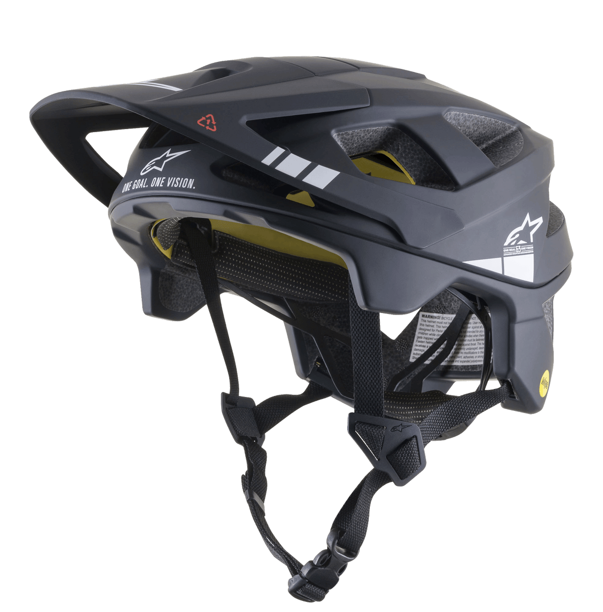 Alpinestars Vector Tech A1 MTB-hjelm, mountainbike-hjelm, sort og lysegrå mat, hvid grafik og "ONE GOAL. ONE VISION."-tekst, synligt gult MIPS-inderfor, flere ventilationsåbninger, justerbare sorte stropper med hurtigudløsningsspænde, forlænget dækning bagpå og på siderne, mat finish