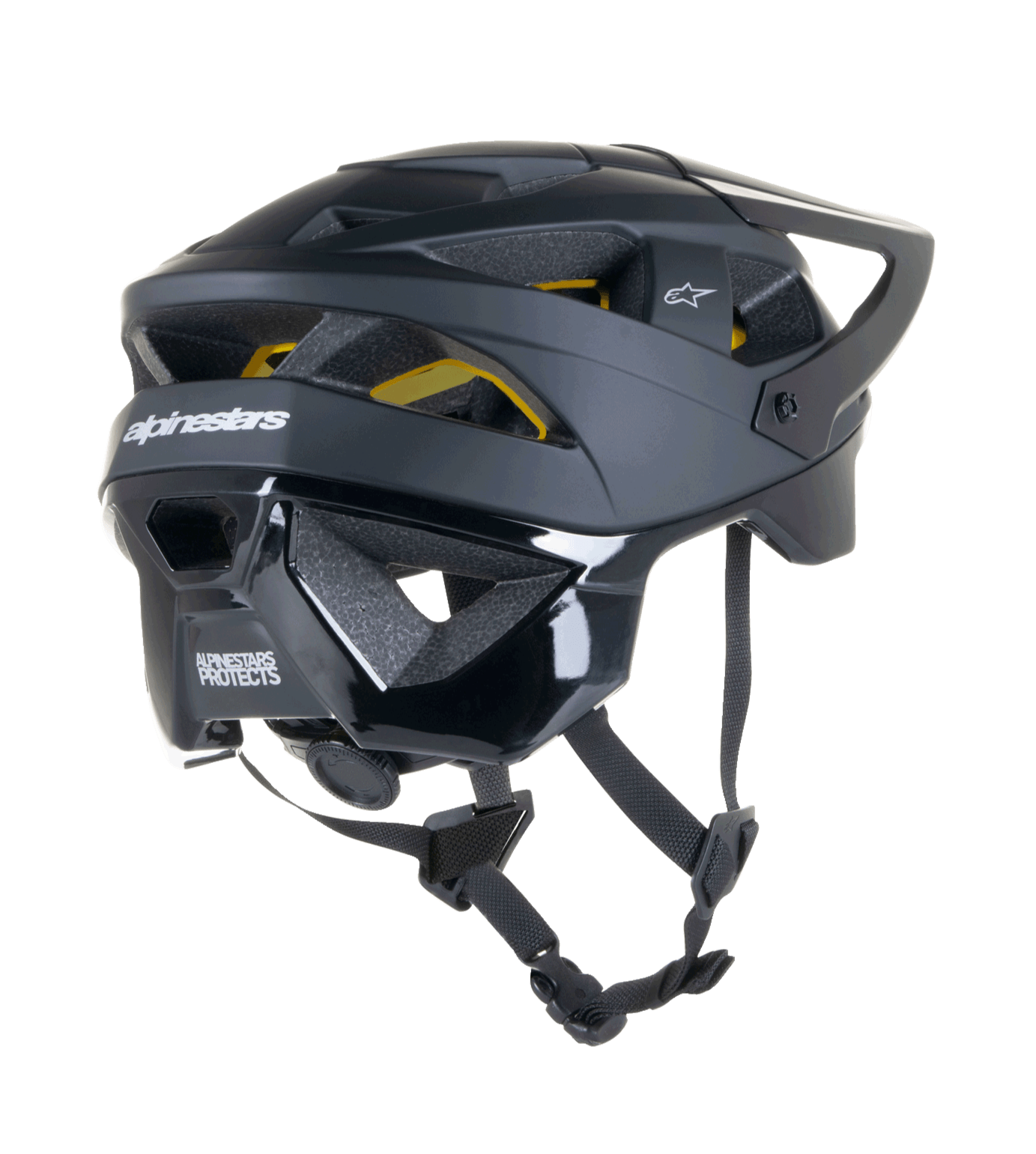 Alpinestars Vector Tech Solid hjelm, MTB-cykelhjelm, sort mat og blank finish, med Mips-beskyttelse, 19 ventilationsåbninger og udvidet nakkebeskyttelse til off-road trail-beskyttelse.