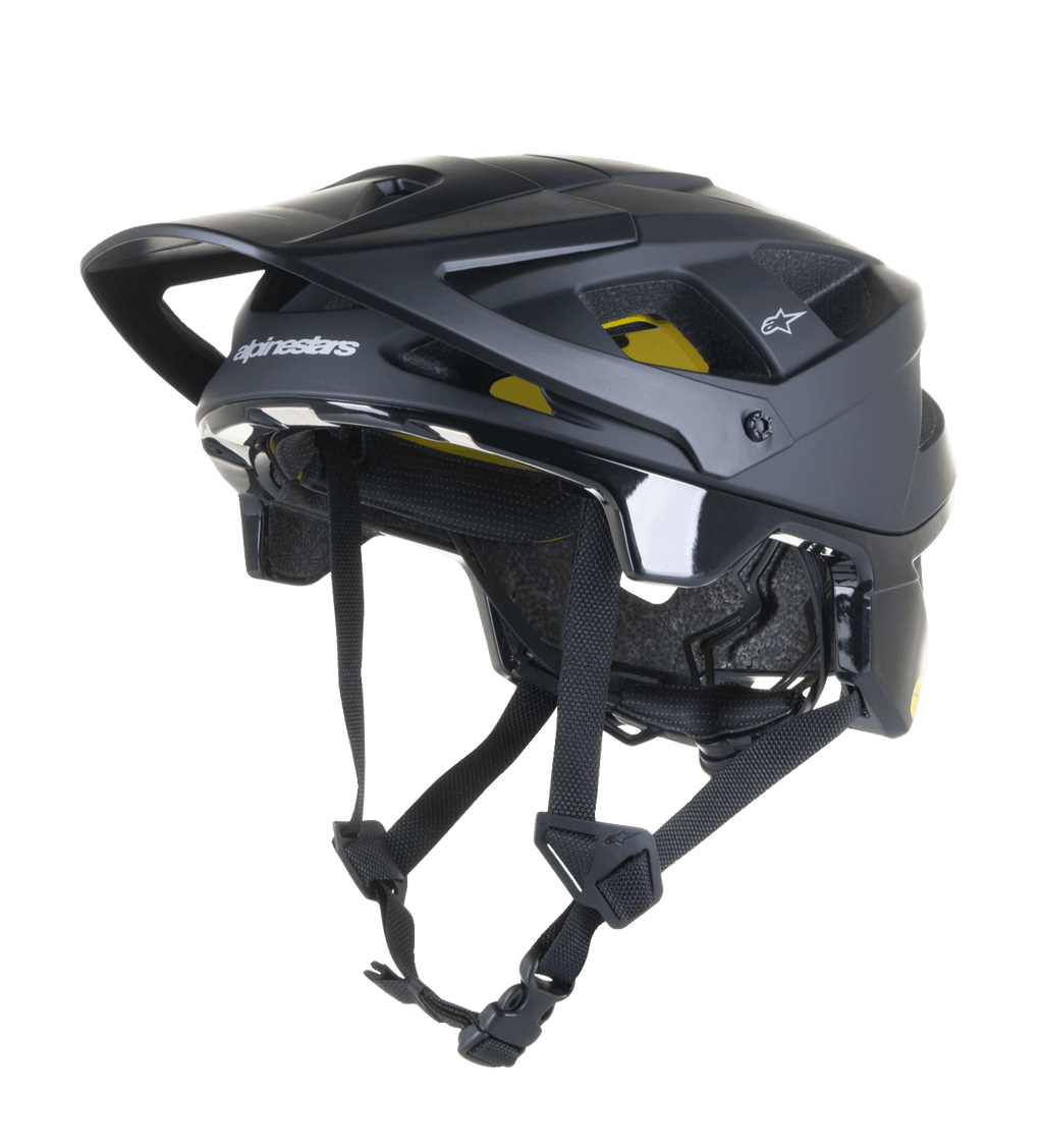 Alpinestars Vector Tech Solid hjelm, sort MTB-mountainbikehjelm, mat og blank finish med 19 ventilationsåbninger, gul indvendig Mips-polstring, justerbar skygge og remme, letvægtsbeskyttelse til trail- og all-mountain-kørsel