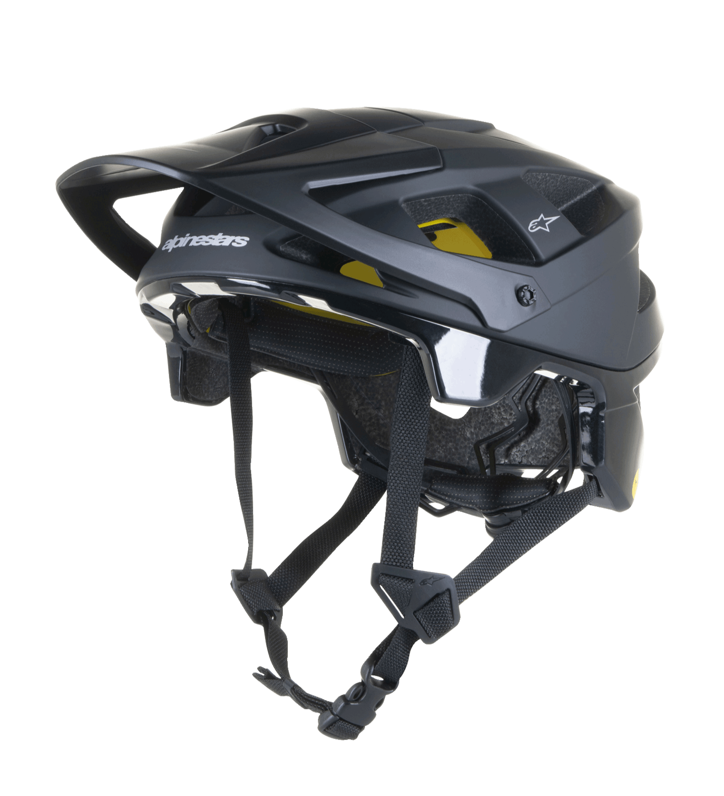Alpinestars Vector Tech Solid hjelm, sort MTB-mountainbikehjelm, mat og blank finish med 19 ventilationsåbninger, gul indvendig Mips-polstring, justerbar skygge og remme, letvægtsbeskyttelse til trail- og all-mountain-kørsel