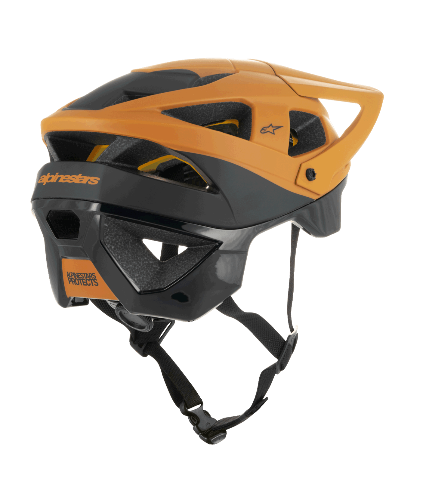 Alpinestars Vector Tech Zeal-hjelm, MTB-hjelm, sort og mørk guld, set bagfra fra siden med flere ventilationsåbninger, justerbar skygge og sikker sort hagerem, beskyttende mountainbike-udstyr med Alpinestars-branding