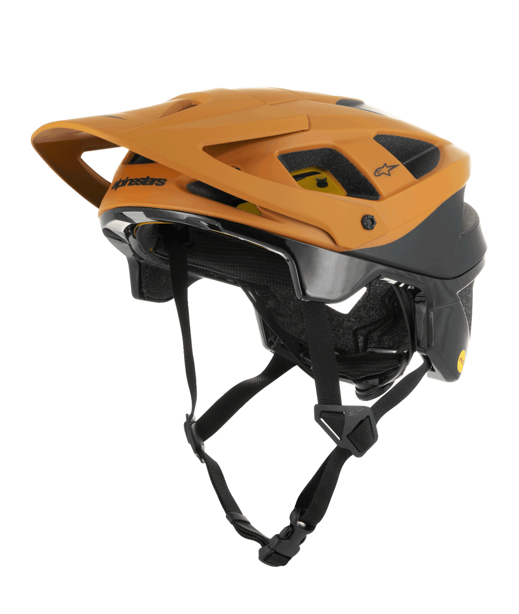Alpinestars Vector Tech Zeal hjelm, MTB mountainbikehjelm, orange og sort med gult Mips-logo, stort visir foran, flere ventilationsåbninger og en justerbar hagerem, designet til off-road trailbeskyttelse