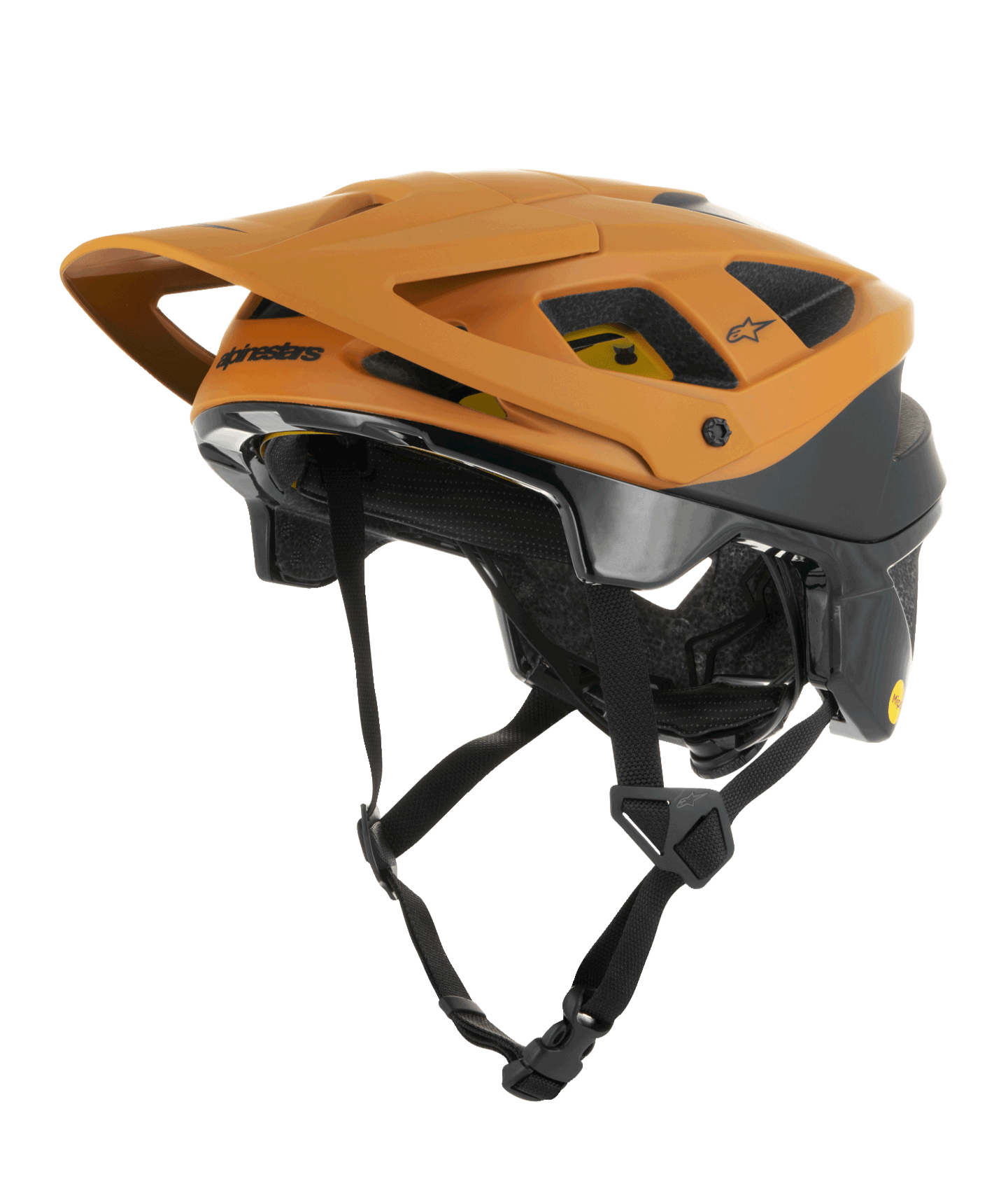 Alpinestars Vector Tech Zeal hjelm, MTB mountainbikehjelm, orange og sort med gult Mips-logo, stort visir foran, flere ventilationsåbninger og en justerbar hagerem, designet til off-road trailbeskyttelse