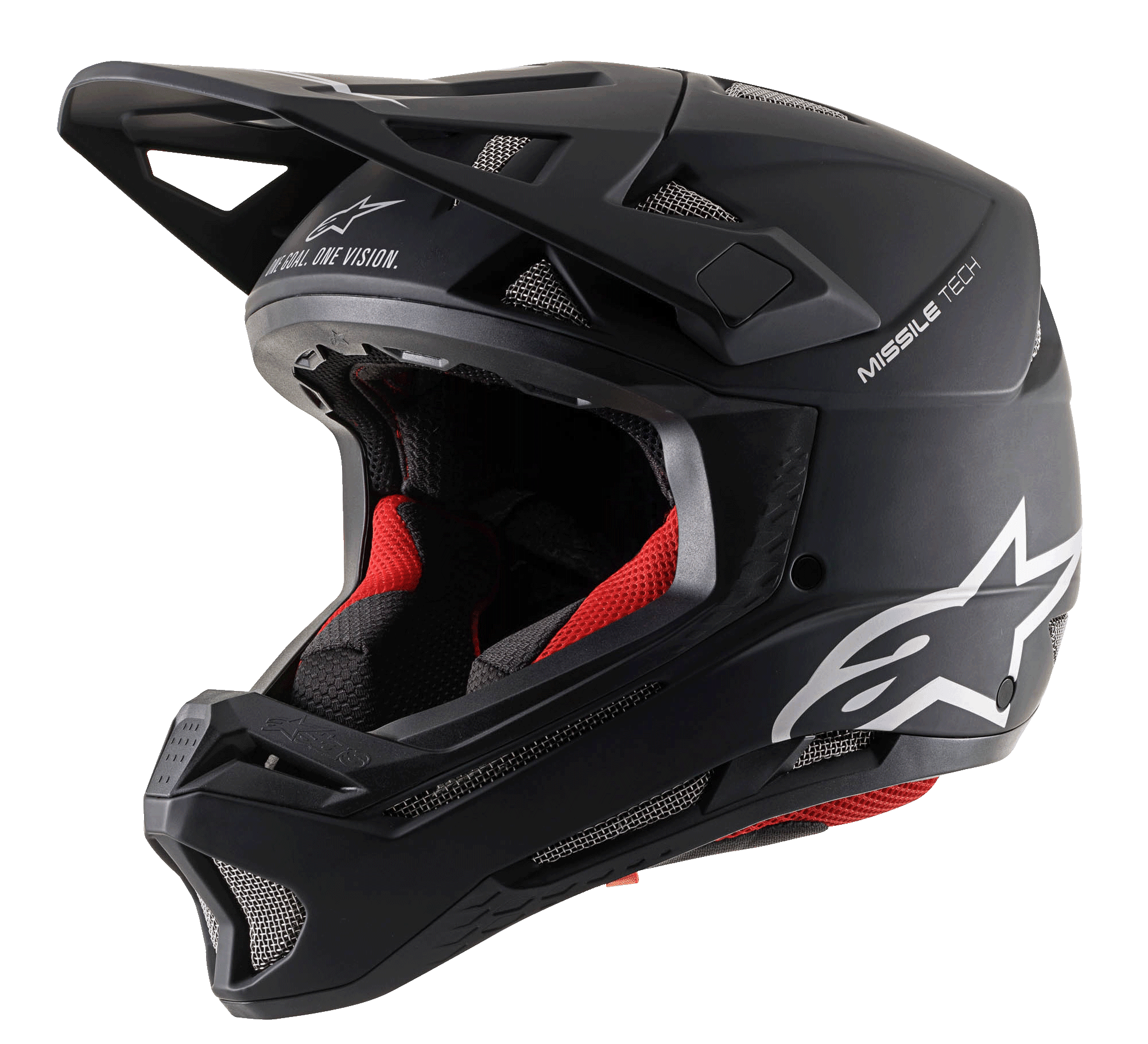 Alpinestars Missile Tech Solid Hjelm, sort mat full-face downhill MTB-udstyr med rød polstring og mesh-ventilation.
