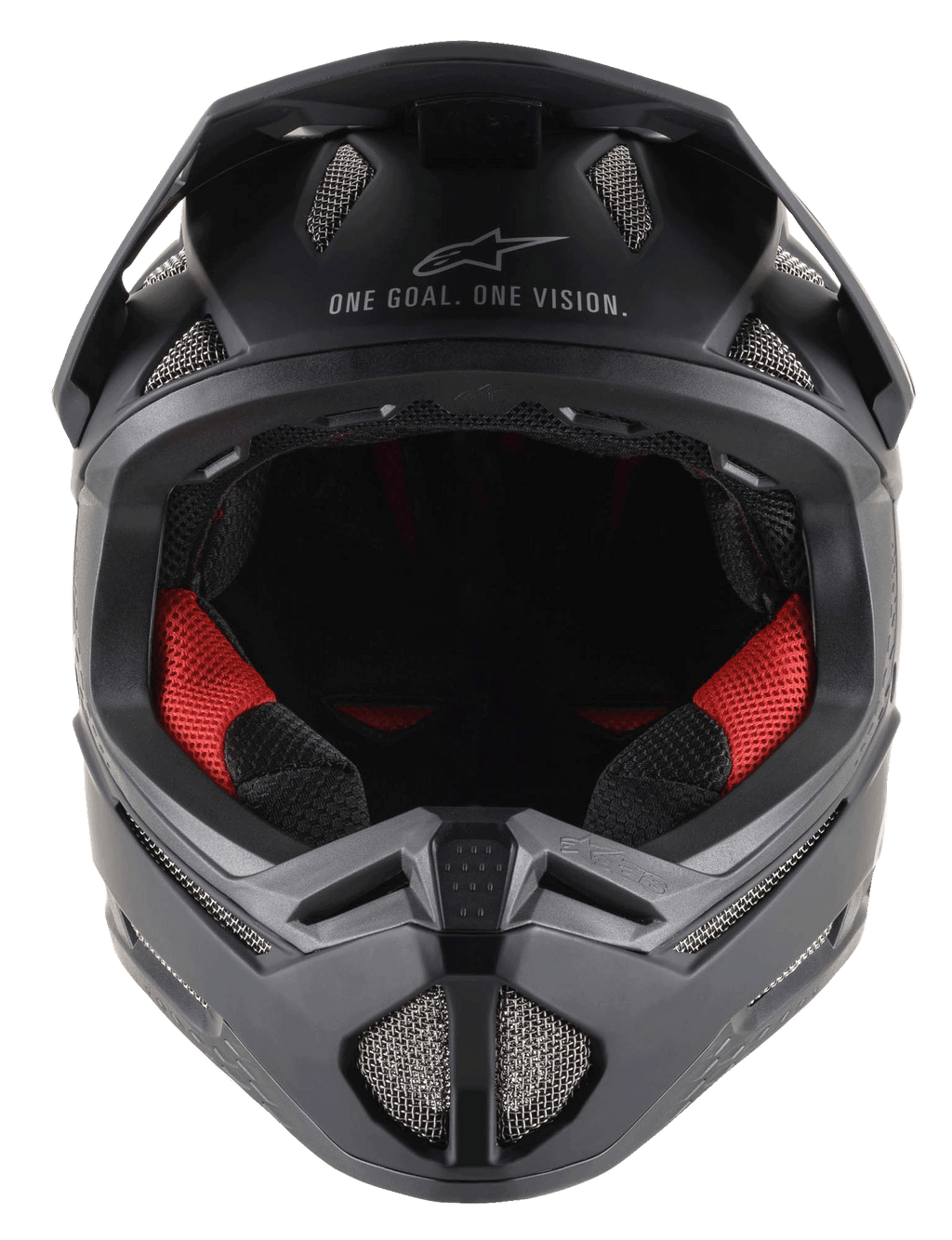 Missile Tech Solid Hjelm i sort mat, full-face MTB-hjelm med rød polstring og ventilationsåbninger i net.