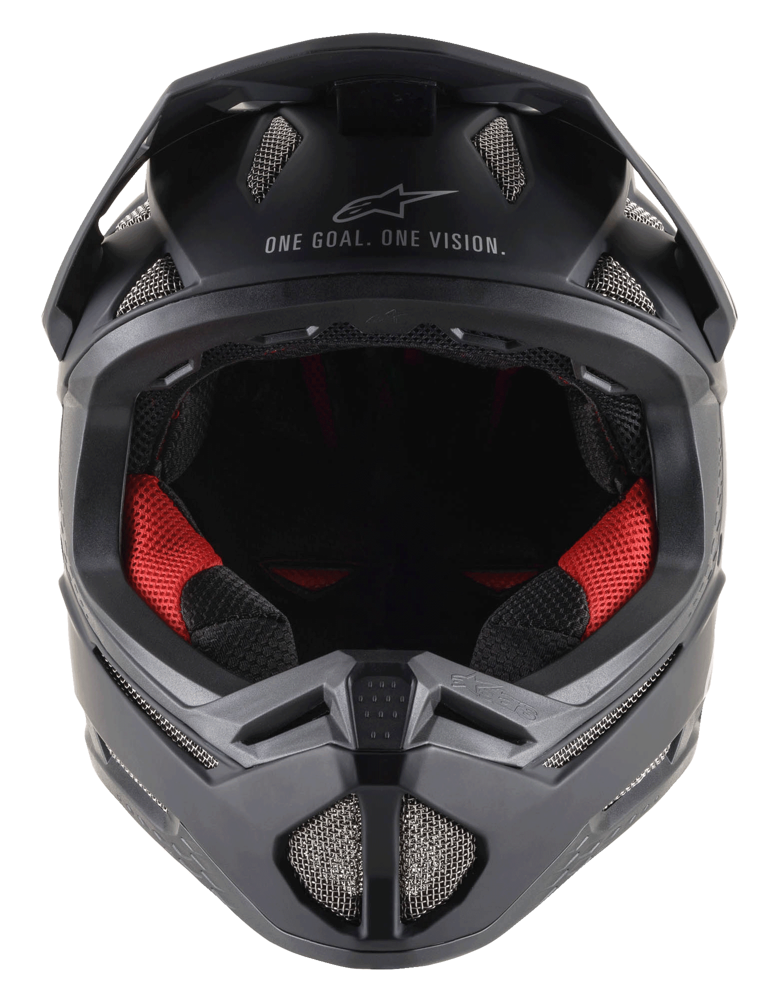 Missile Tech Solid Hjelm i sort mat, full-face MTB-hjelm med rød polstring og ventilationsåbninger i net.