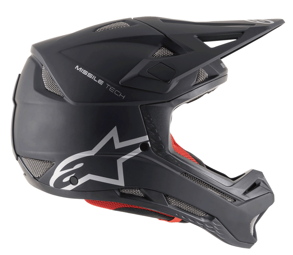 Alpinestars Missile Tech Solid Hjelm i sort mat, full-face downhill MTB-hjelm med mesh-ventiler og sølvlogo.