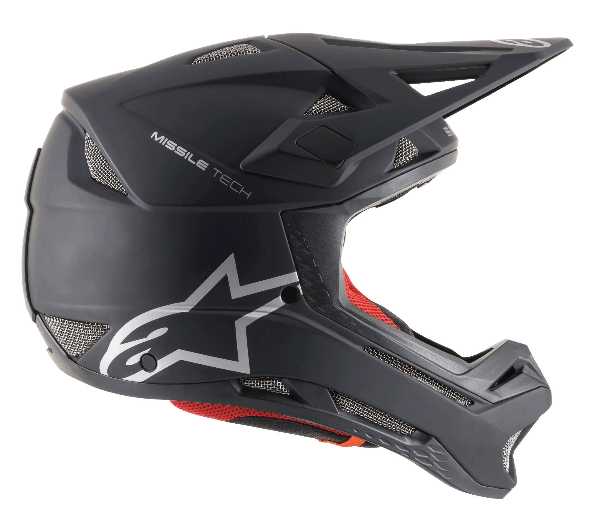 Alpinestars Missile Tech Solid Hjelm i sort mat, full-face downhill MTB-hjelm med mesh-ventiler og sølvlogo.