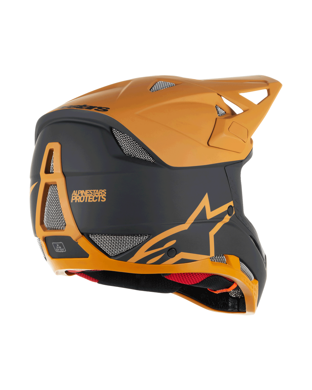 Alpinestars Missile Tech Racer hjelm, full-face MTB-hjelm, sort og mat mørk guld, set skråt bagfra med mesh-ventilationsåbninger, aerodynamisk visir og Alpinestars Protects-branding bagpå, professionel beskyttelse til downhill-cykling.